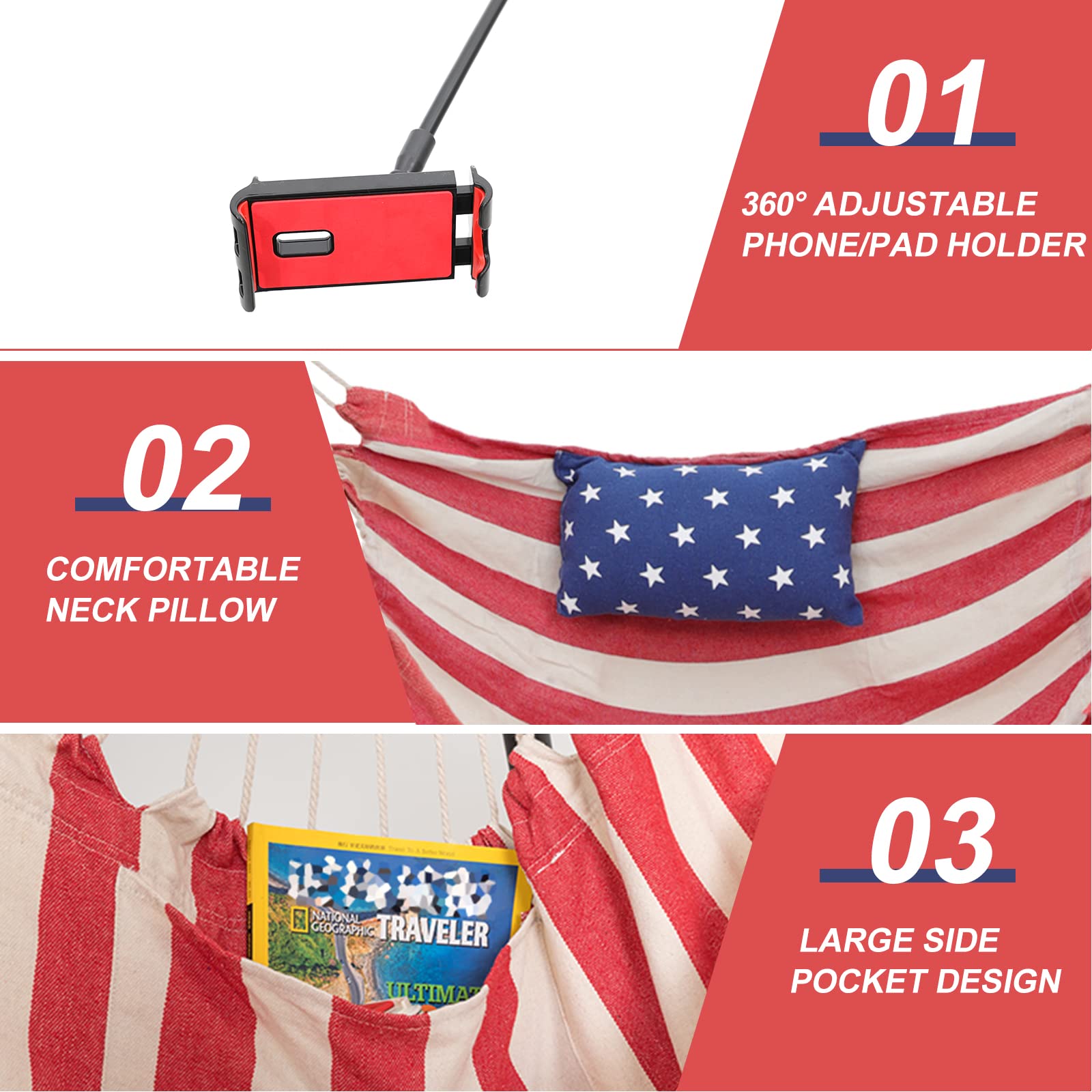 LUCKWIND American Flag Hammock Chair with Stand - Heavy Duty 400LB Capacity, Adjustable Handmade Swing Chair for Outdoor & Indoor Use - Includes Phone/Pad Holder - Perfect for Backyard, Patio, Camping & Relaxation
