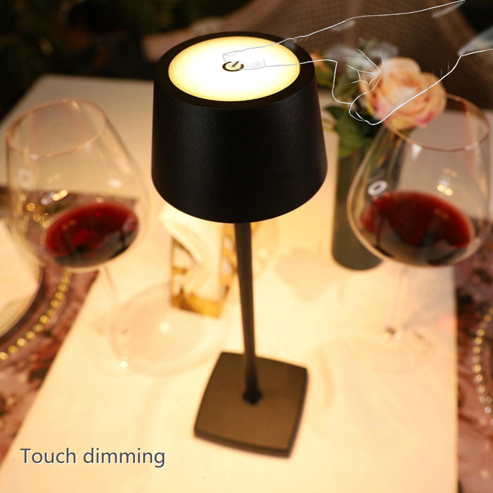 Rechargeable LED Cordless Table Lamp - Dimmable Aluminum Desk Light with Base Contact Charging, Black | Perfect for Bedroom, Office & Outdoor Lighting