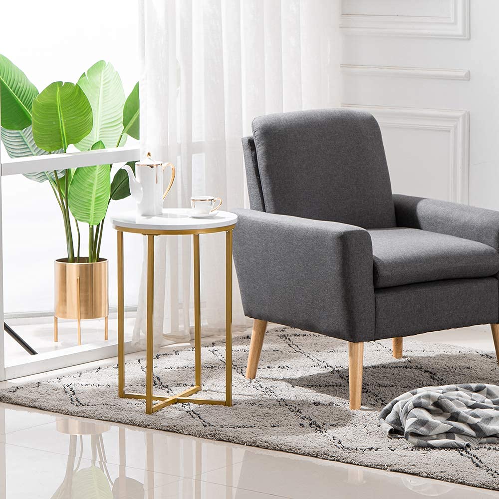 Modern Round Side Accent Table with Faux Marble Top & Gold Metal Frame - End Table, Nightstand for Living Room, Bedroom - Easy Assembly (Perfect for Sofa Side, Reading Nook & Small Space Decor)