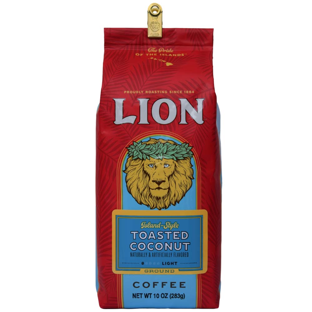 Premium Light Roast Arabica Coffee Beans - Lion Coffee Toasted Coconut Flavor, 10oz Bag - Perfect for Breakfast, Office & Hawaiian-Themed Parties
