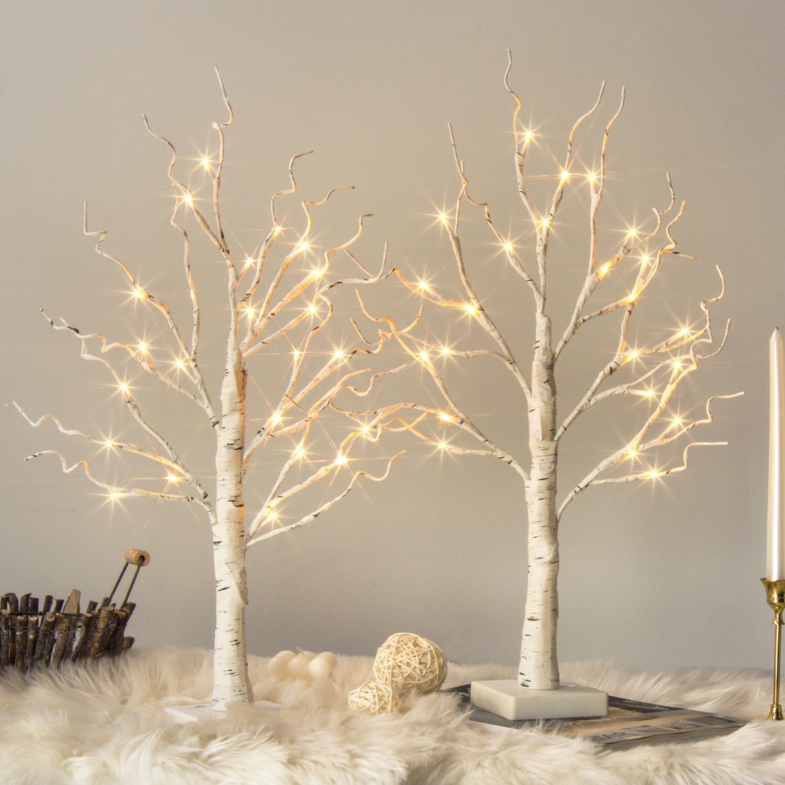 Vanthylit White Birch Tree with LED Lights - Set of 2, 24 LED Tabletop Christmas Tree with Timer, Indoor Holiday Decor for Mantel, Living Room, Office, and Party Decorations (2 FT) - Perfect for Festive Home Decor, Winter Weddings, and Cozy Seasonal Ambiance
