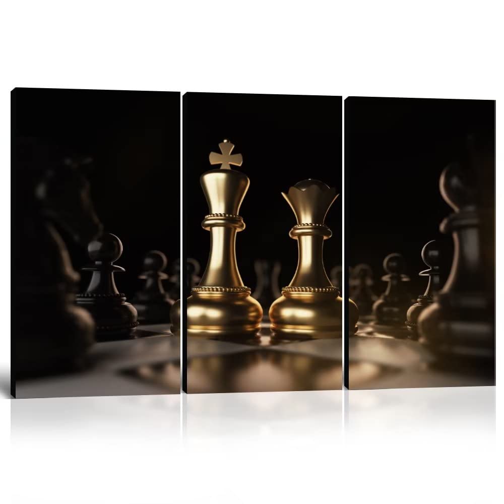 Black & Gold Chess Wall Art - King & Queen Canvas Paintings for Living Room & Office Decor | 3-Piece Framed Set (20x40in) | Perfect for Game Rooms & Gifts