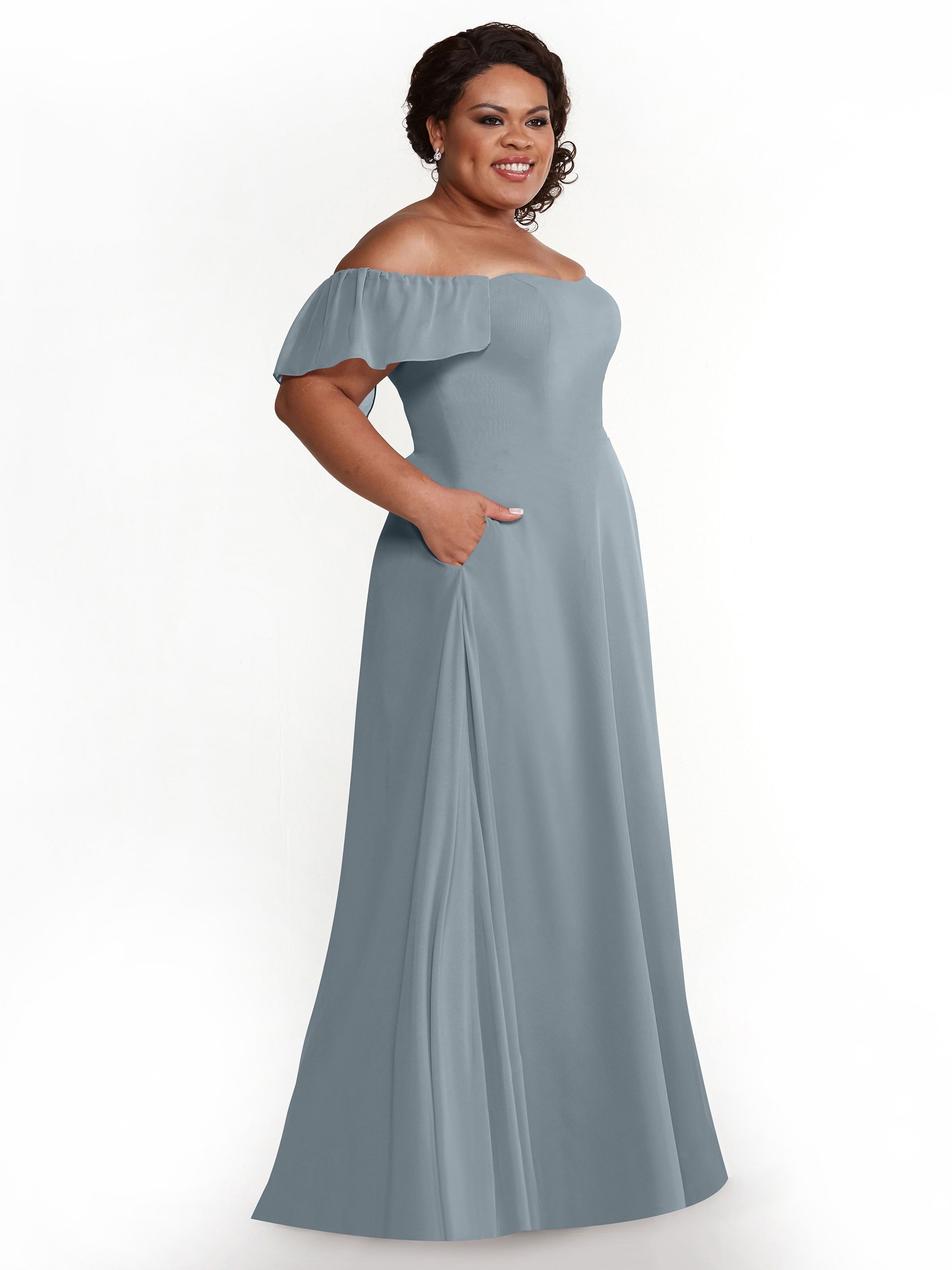 Elegant A-Line Off-The-Shoulder Chiffon Bridesmaid Dress with Pockets - Perfect for Weddings, Formal Events & Special Occasions