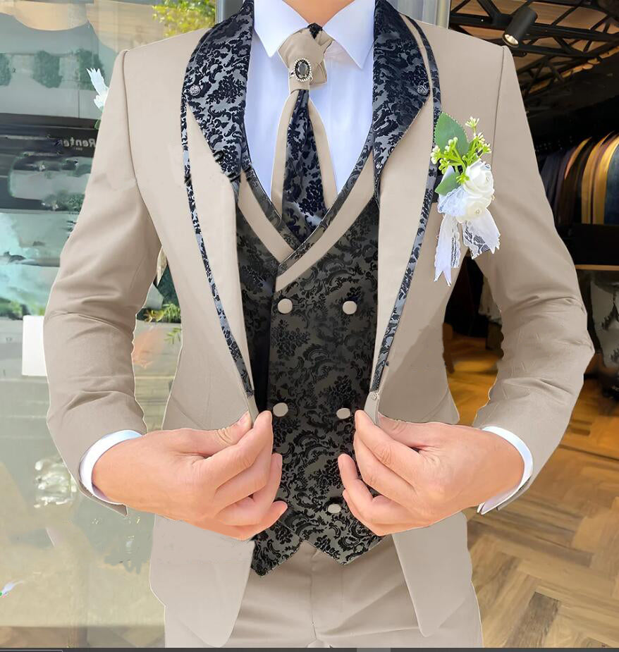Elegant Black Floral Tuxedo Suit for Men - Slim Fit 3 Piece Wedding Suit Set (Jacket, Vest & Pants) - Perfect for Grooms, Formal Events & Special Occasions