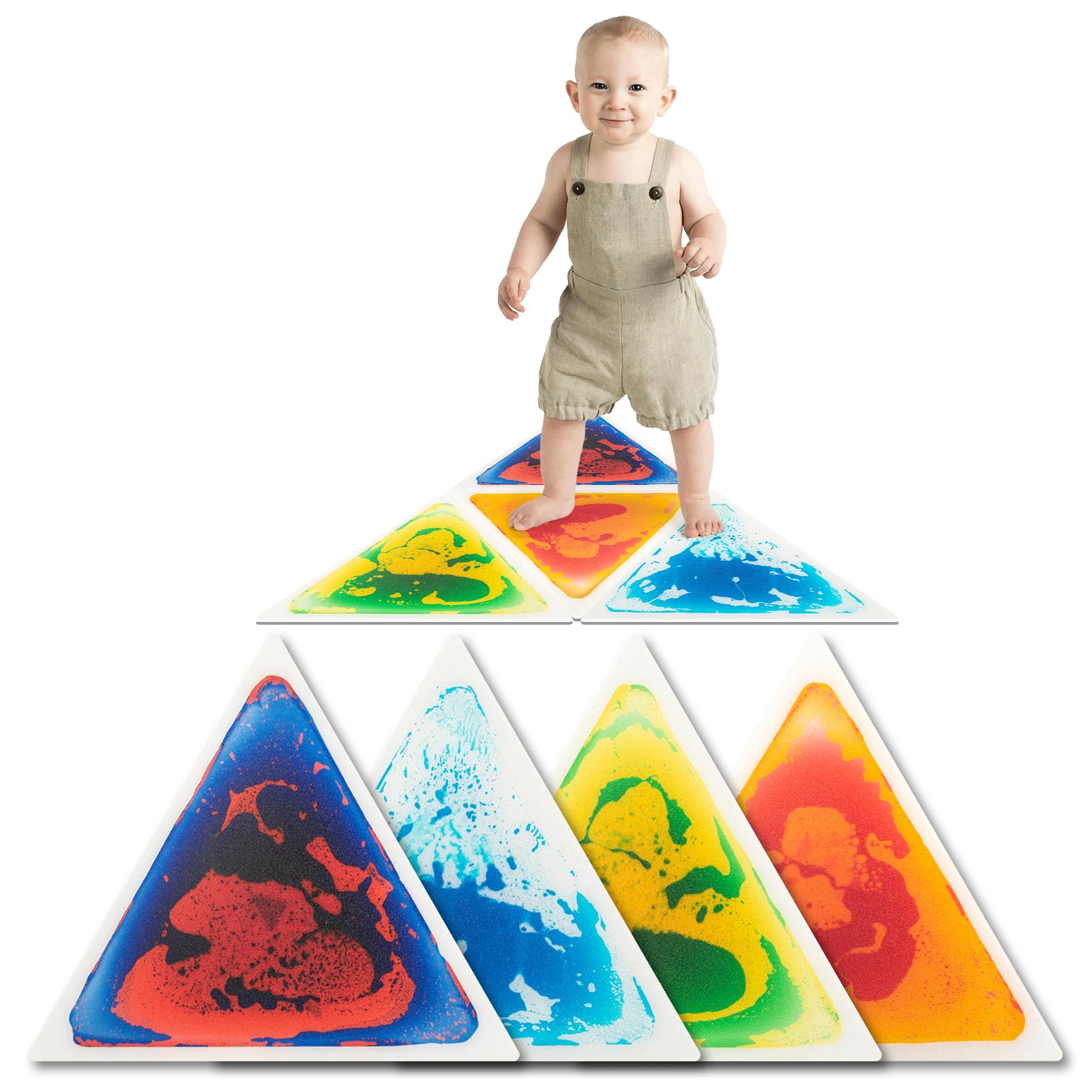 Art3d 4-Pack Triangle Liquid Sensory Floor Tiles - Colorful Non-Toxic Play Mats for Toddlers & Kids (15