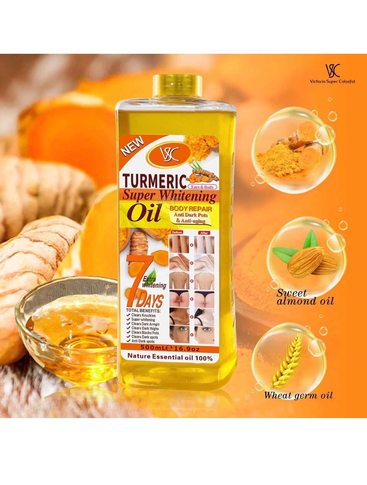 Turmeric Oil Super Whitening Face & Body Moisturizer - 500ml/16.5oz Anti-Aging, Dark Spot Corrector, Wrinkle Treatment for Glowing Skin | Perfect for Daily Skincare Routine & Nighttime Hydration