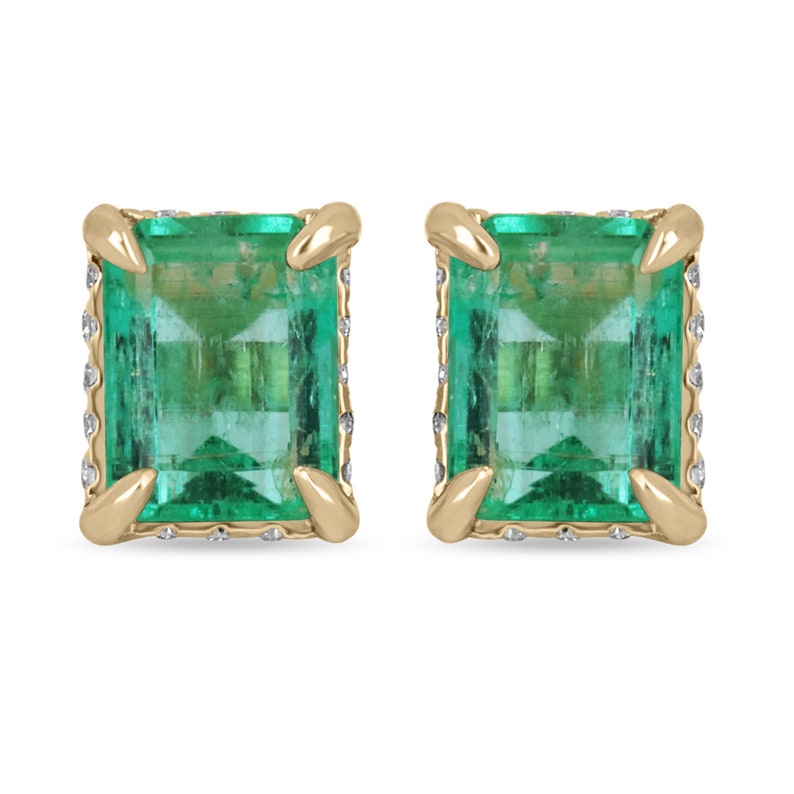 2.03 Carat Total Weight (TCW) Rich Green Natural Emerald Cut Diamond Accent Hidden Halo Earrings in 14K Gold - Elegant Jewelry for Weddings, Parties & Special Occasions