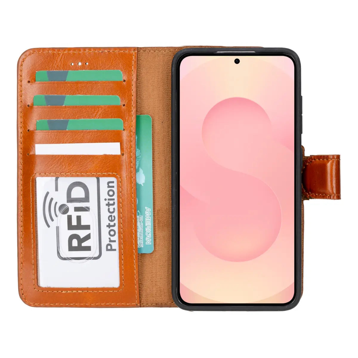 Premium Burnished Tan Magnetic Leather Wallet Case for Samsung Galaxy S25 - Slim Protective Cover with Card Slots | Perfect for Business, Travel & Everyday Use