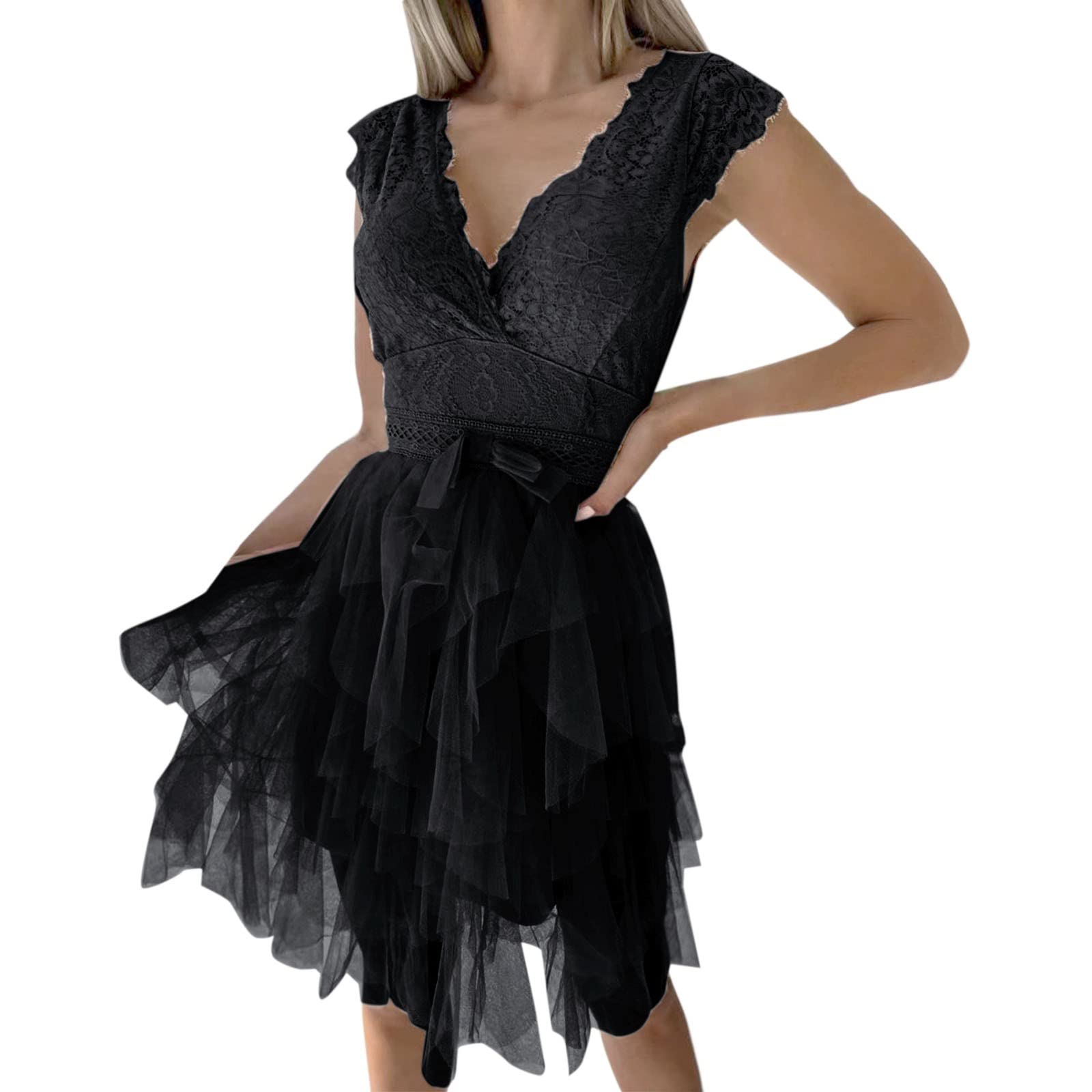Plus Size Women's Elegant Floral Lace Summer Dress - Sleeveless Handkerchief Hem Asymmetrical Cocktail Party Swing Dress for Beach, Vacation & Special Occasions (Black, XL)