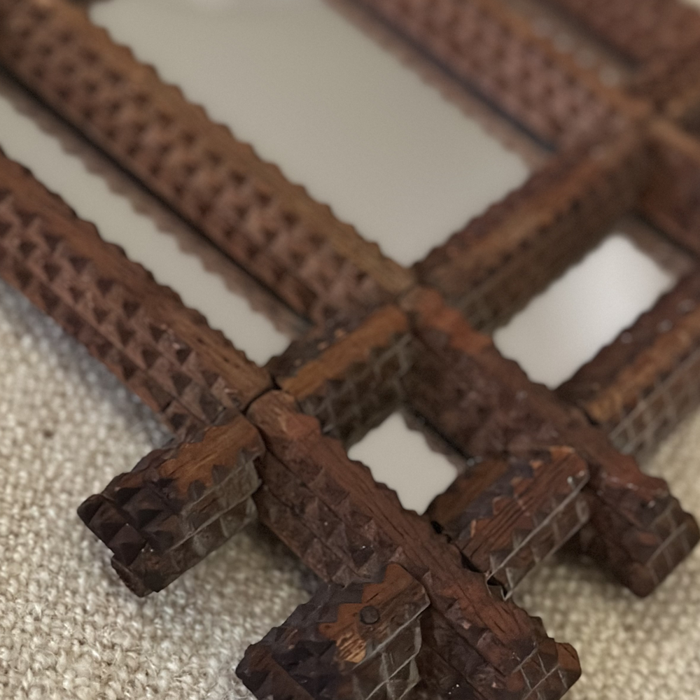 Vintage 20th Century American Tramp Art Mirror - 10.5 Inch Handcrafted Wooden Wall Decor for Rustic Home, Cabin & Farmhouse Style | Perfect for Living Room, Bedroom or Entryway