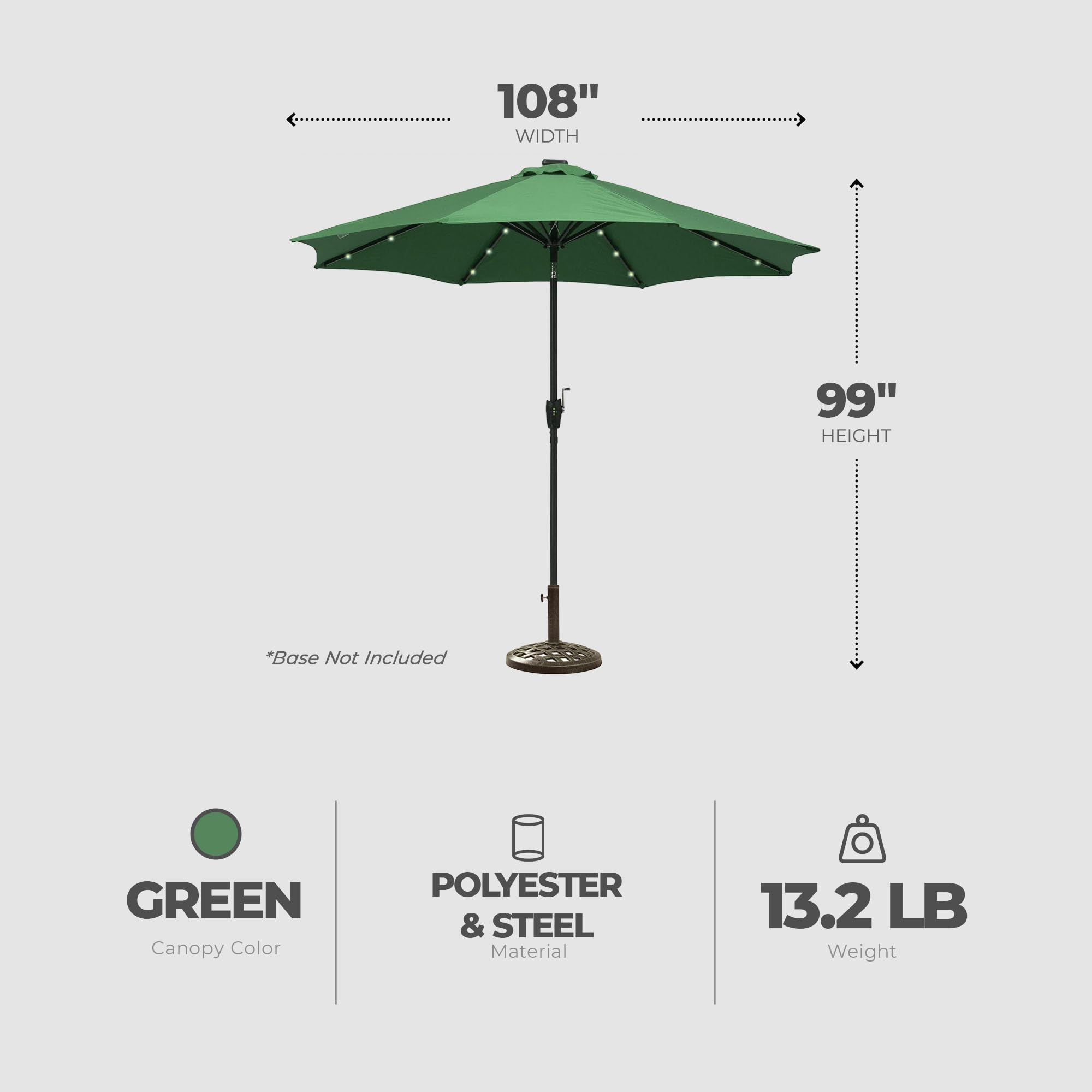 9ft Polyester 2-Section Steel Pole Outdoor Patio Umbrella with Tilt System & LED Lights - 8 Steel Ribs, Green - Perfect for Backyard, Poolside, Garden, Restaurant and Beach Use