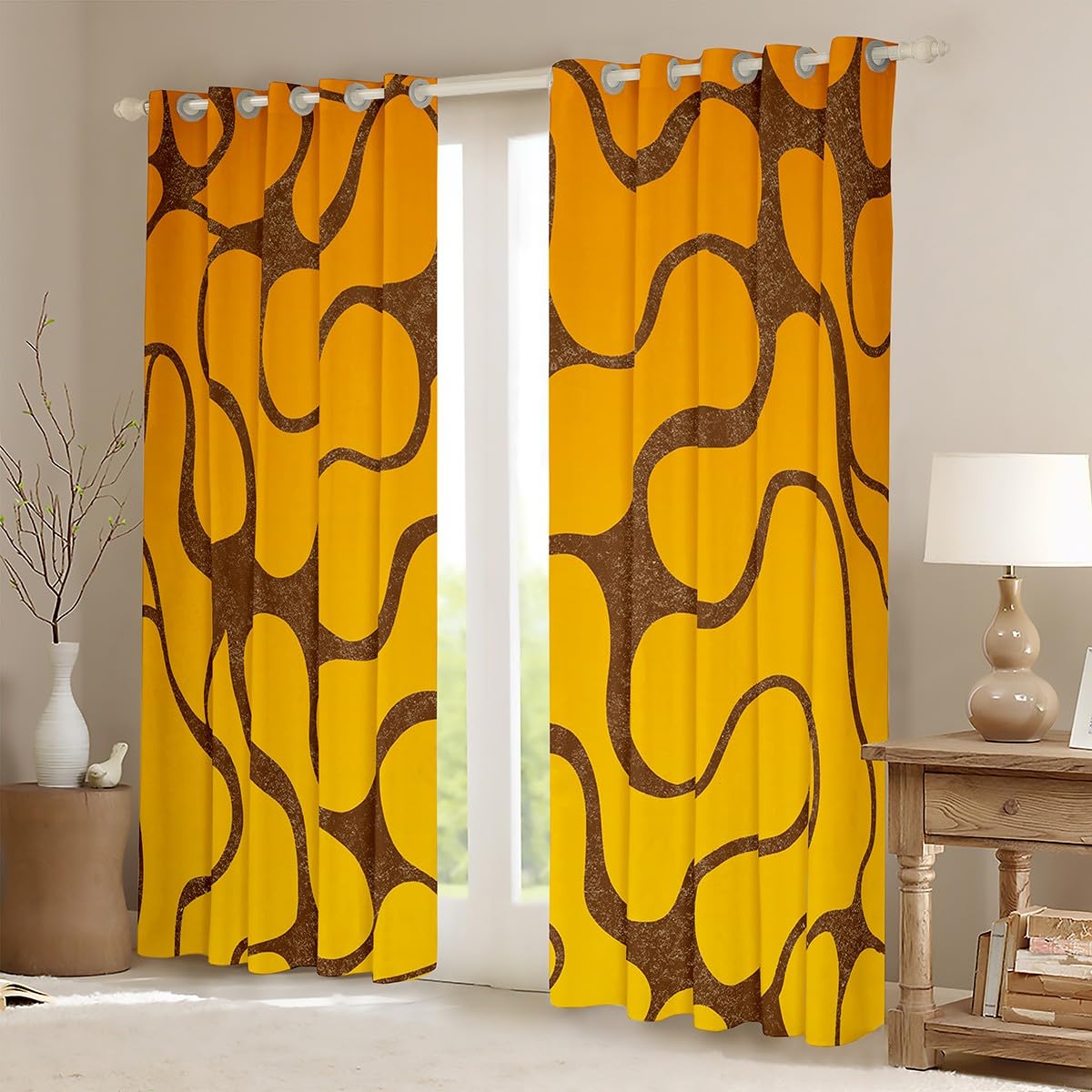 Geometric Abstract Wavy Line Window Curtains - Yellow Brown Stripe Drapes for Bedroom & Living Room - Modern Luxury Decor for Kids Boys Girls - 38x54 Inches, 2 Panels - Perfect for Nursery, Playroom & Home Office