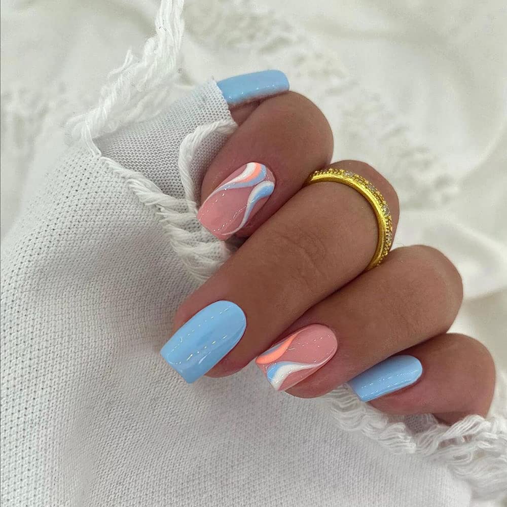 KXAMELIE Baby Blue Square Press on Nails with Colorful Swirls Design - 24PCS Glossy Gel Fake Nails Kit with Nail Glue, Full Cover Reusable Artificial Nails for Women & Girls - Perfect for Parties, Weddings, and Daily Wear