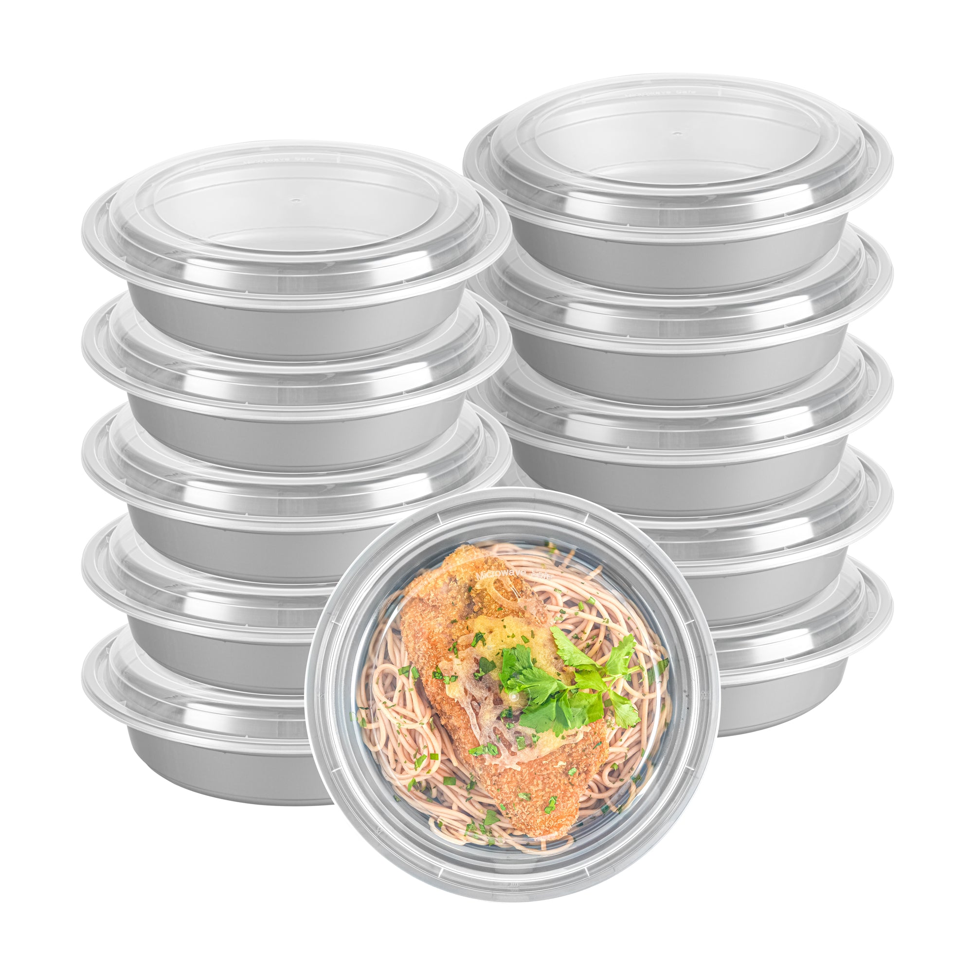 48oz Round Silver Plastic Takeout Containers with Clear Lids - 100 Pack (9