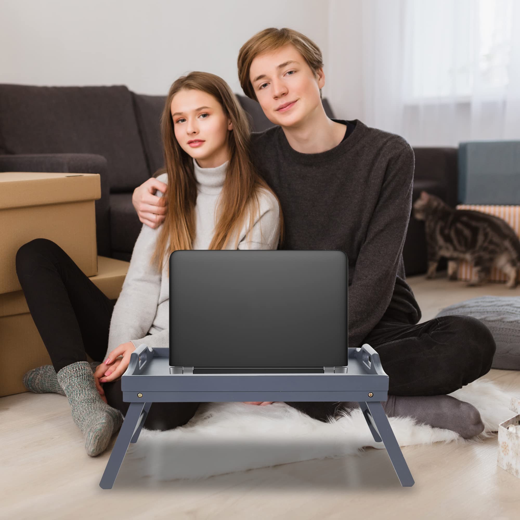 Mosii Grey Bamboo Bed Tray with Handles & Foldable Legs - Adjustable Lap Desk for Breakfast in Bed, Sofa Dining, Office Work, Laptop Stand, Drawing & Serving | Portable Multi-Purpose Tray for Home, Office & Outdoor Use