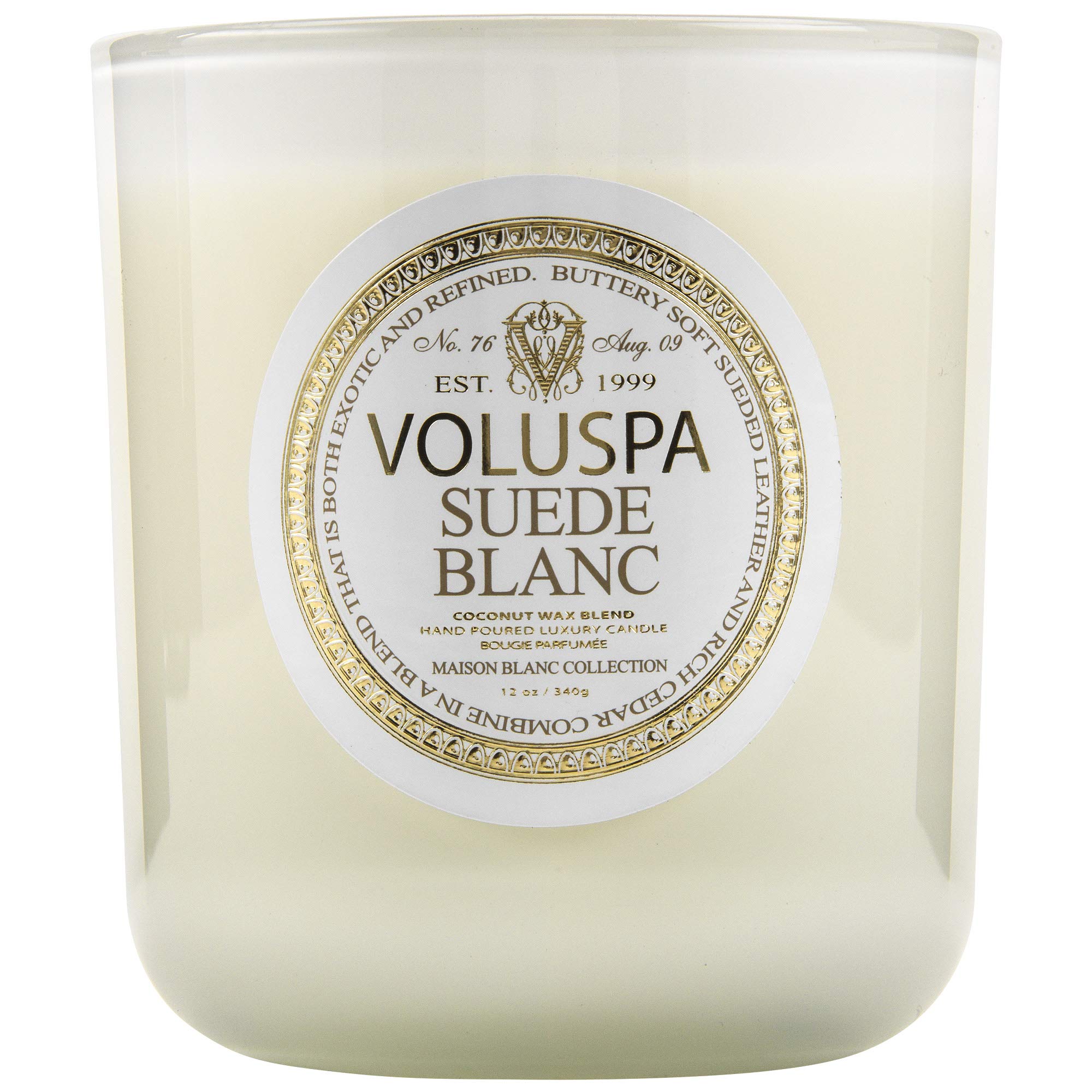 Voluspa Suede Blanc Classic Maison Candle - 12 oz (100 Hour Burn Time) | Luxury Home Fragrance for Living Room, Bedroom & Bathroom Decor