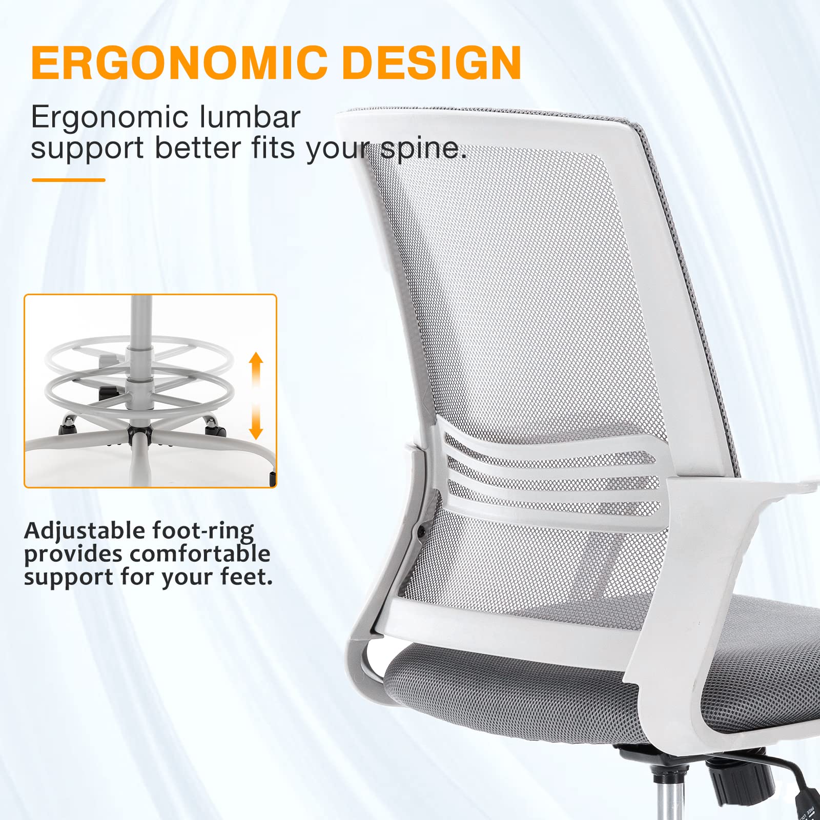 OLIXIS Adjustable Drafting Chair - Ergonomic Tall Office Chair with Foot Ring, Standing Desk Support & Breathable Mesh Seat - Swivel Rolling Stool for Artists, Architects & Home Office Use