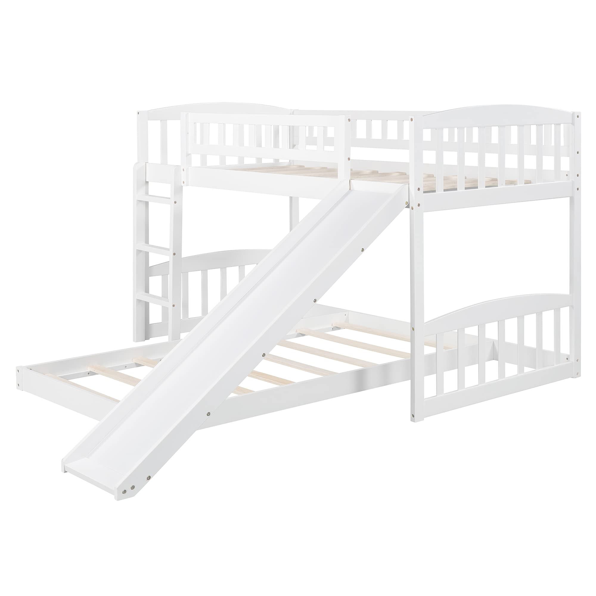 Knocbel Twin Size Low Loft Bed with Floor Platform - White Wooden Bunk Bed with Guardrails, Reversible Slide & Ladder (77.4