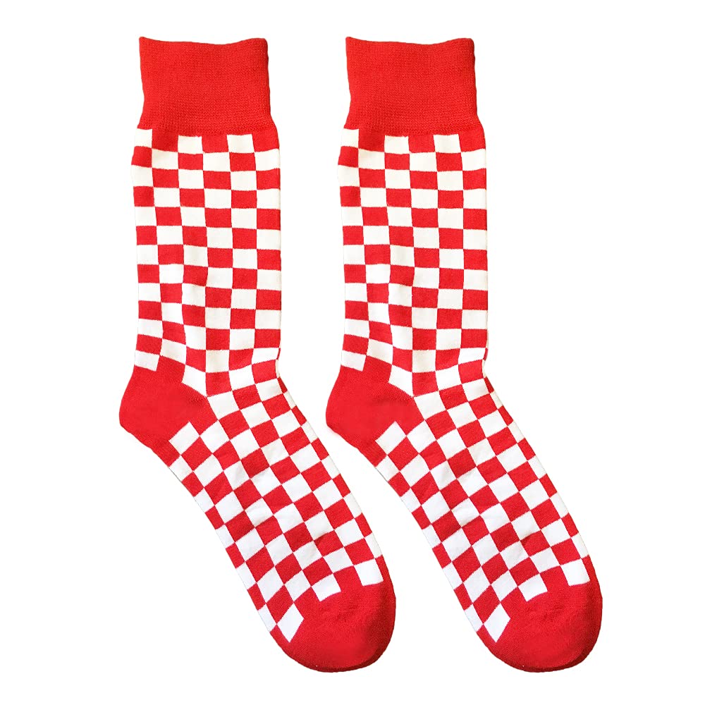 Stylish Men's Checkerboard Skateboard Socks - Novelty Crew Socks for Shoe Size 6-12 (White & Red) | Perfect for Skateboarding, Casual Wear & Unique Gifts