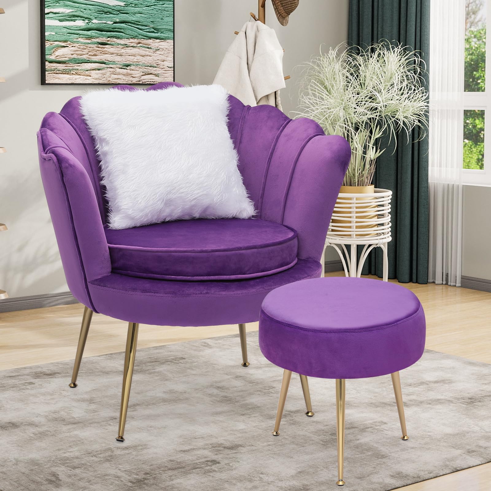 Magshion Velvet Vanity Chair with Backrest - Purple Accent Chair with Golden Legs, Scalloped Design & Soft Pillow - Upholstered Armchair with Footrest for Dressing Table, Bedroom, Living Room & Makeup Area