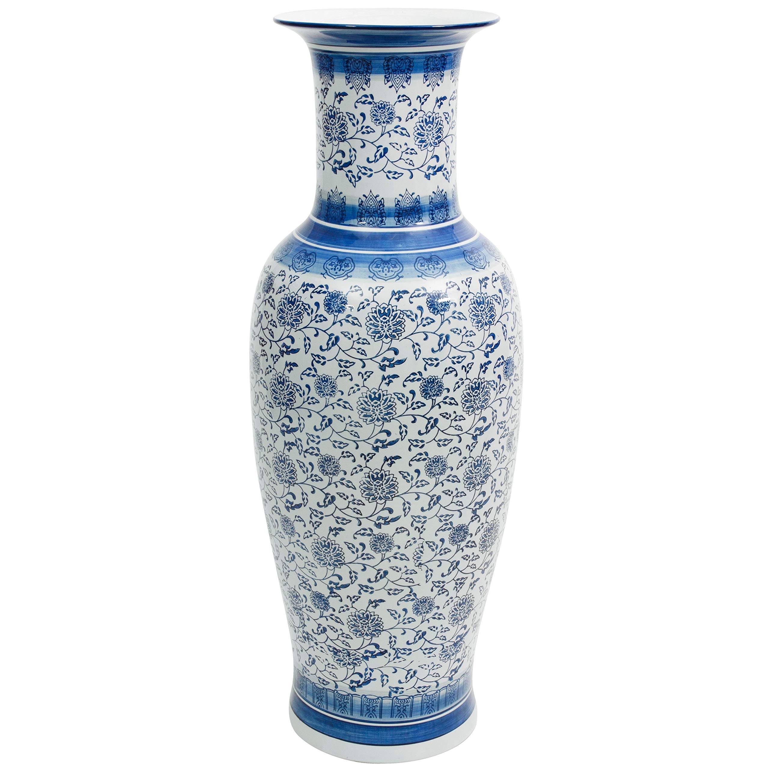 Handmade 36 Inch Blue and White Porcelain Chi Vase - Floral Decorative Ceramic Vase for Home Decor, Wedding Centerpiece & Asian-Inspired Interior Design
