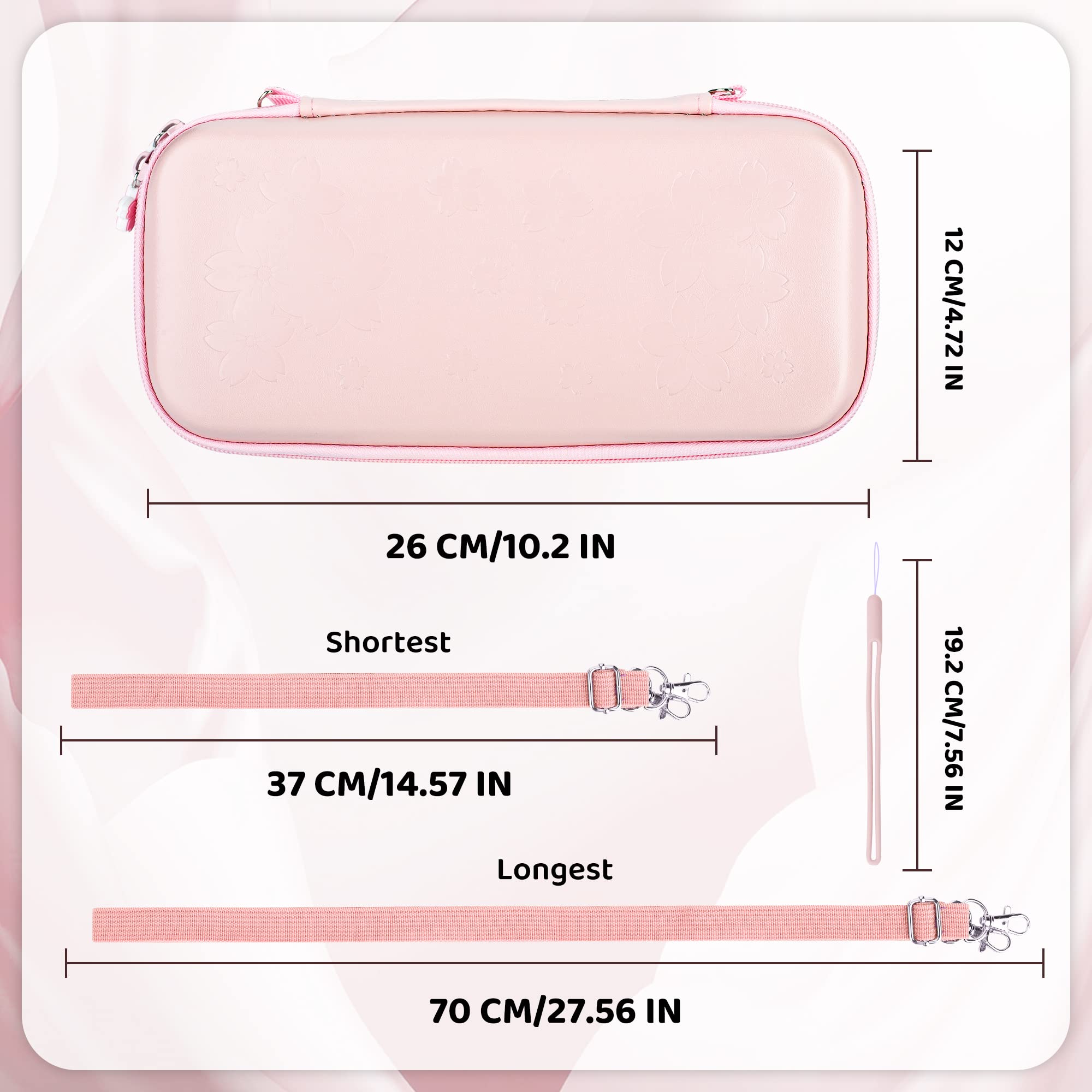 Premium Pink Nintendo Switch OLED Carrying Case with Sakura Embroidery - Portable Hard Shell Protection Includes Soft Case, Screen Protector, 4 Thumb Grips, Wrist Strap & Shoulder Strap - Perfect for Travel, Commuting & Gaming On-The-Go