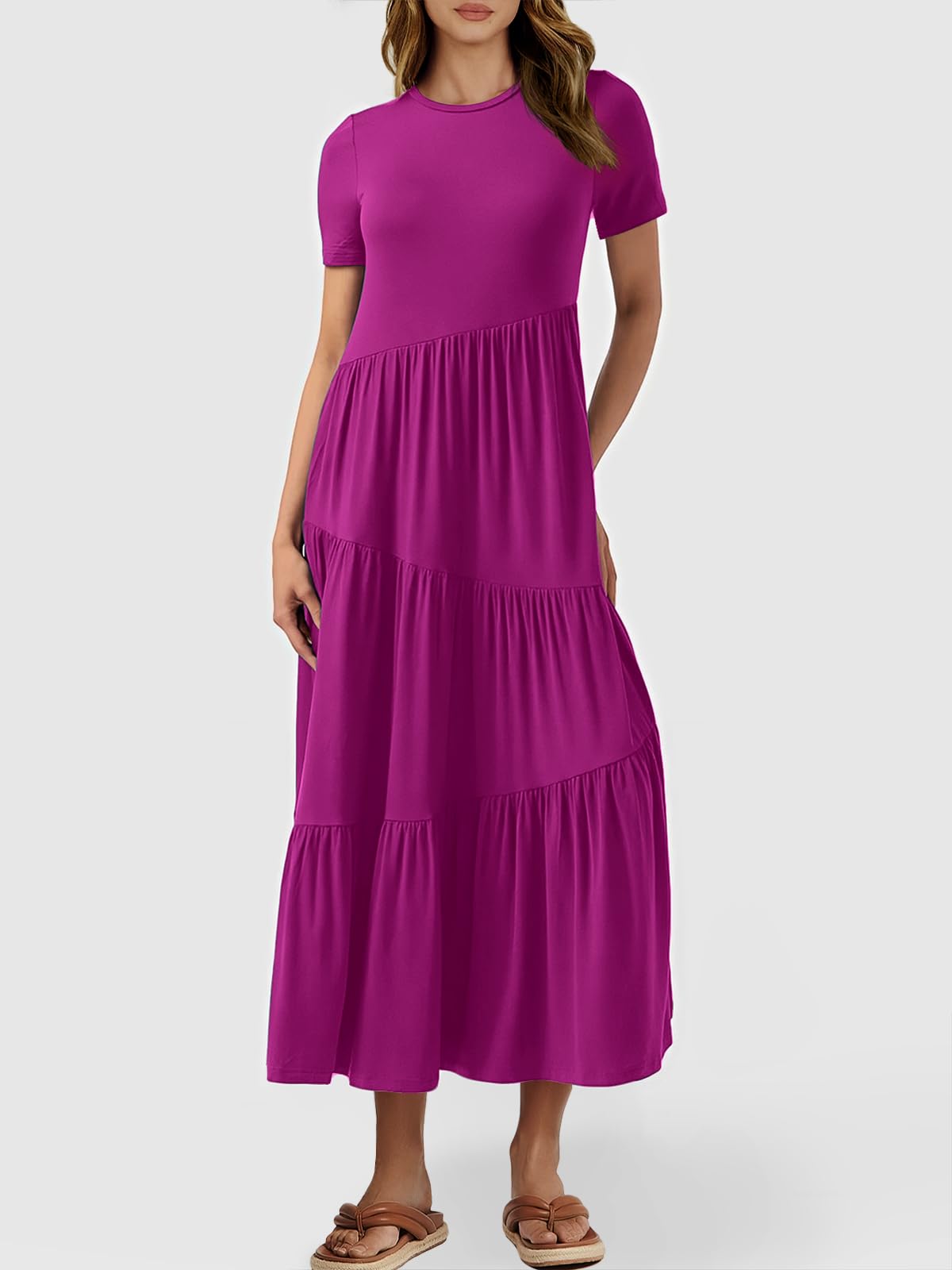 ANRABESS Women's Summer Maxi Dress - Short Sleeve Casual Swing Dress, Asymmetric Tiered Beach Sundress for Vacation, Long Dress for Beach Outings, Pool Parties and Summer Getaways