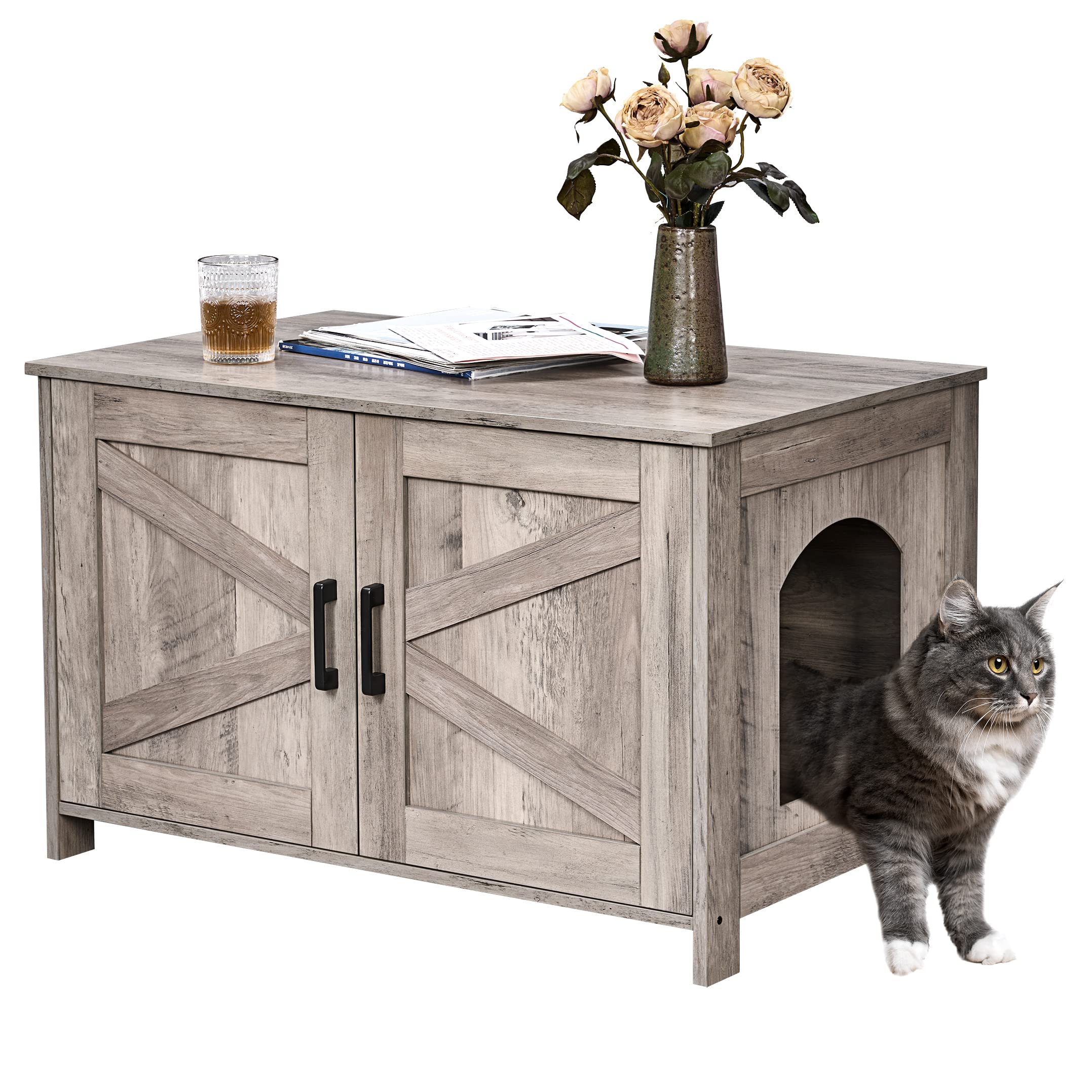 Homhedy Wooden Cat Litter Box Enclosure - Modern Cat Washroom Furniture with Barn Door | Fits Most Litter Boxes | Greige Finish | Perfect for Small Spaces & Home Decor