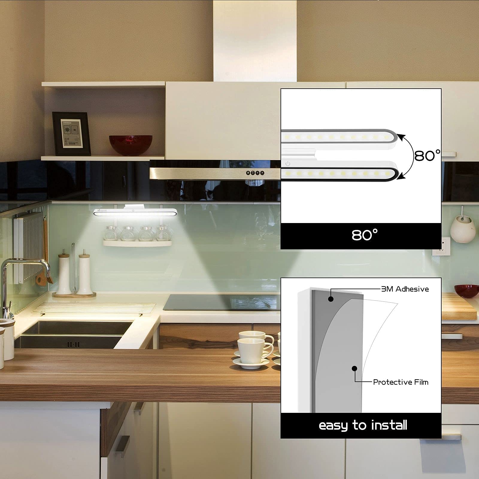 EC Tech Rechargeable Under Cabinet LED Lights - Battery Operated Magnetic Stick-on Closet Lights with 80° Motion Range & Adjustable Color Temperature/Brightness - Perfect for Kitchen, Pantry, Wardrobe and Dark Spaces