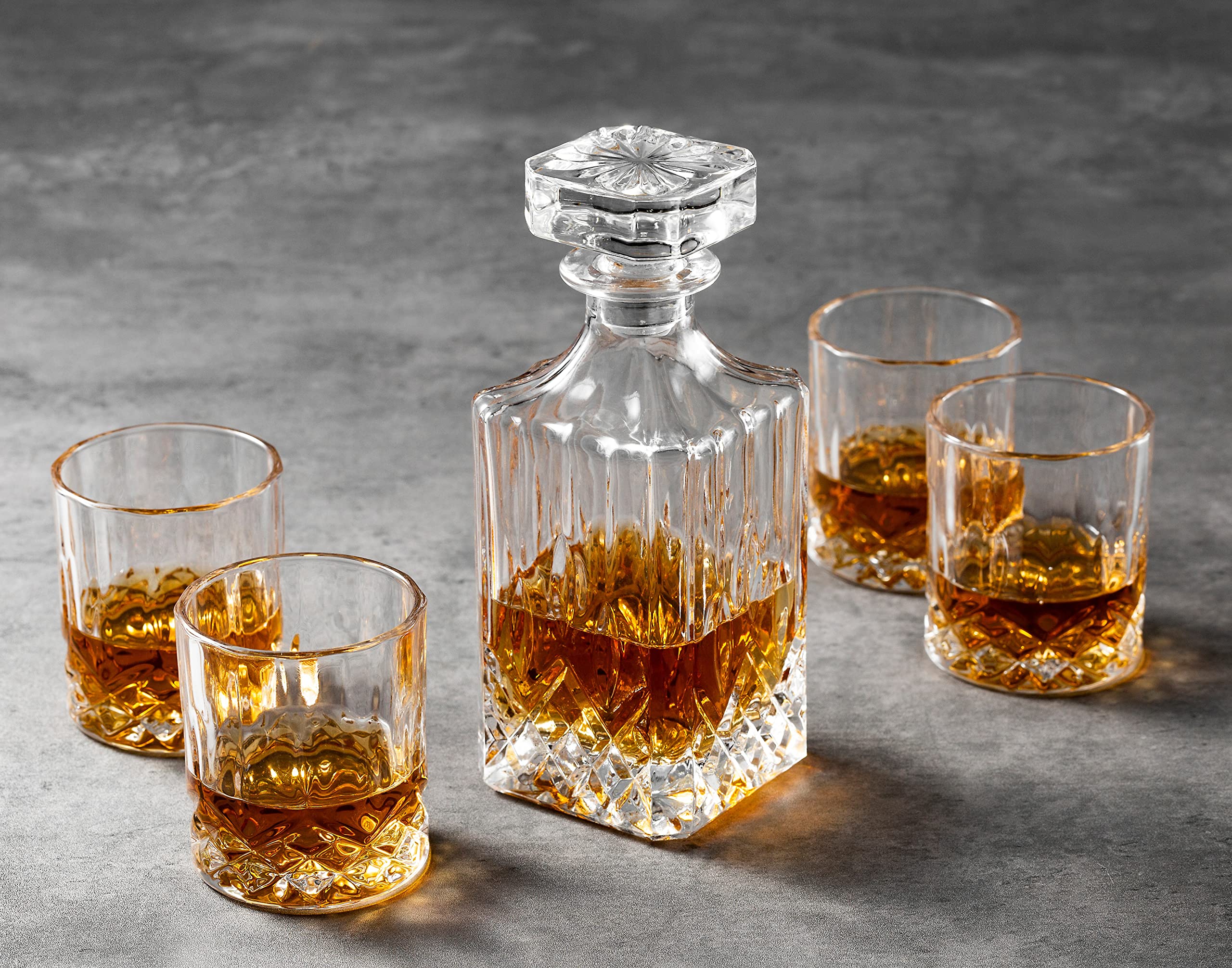 Premium Whiskey Decanter Set with 4 Crystal Glasses - Elegant Gift Box for Anniversary, Housewarming, Birthday (Men, Dad, Husband, Boyfriend) - Perfect for Bourbon, Scotch, Gin, Rum, Tequila, Vodka & Brandy - Ideal for Home Bars, Dinner Parties & Special Celebrations