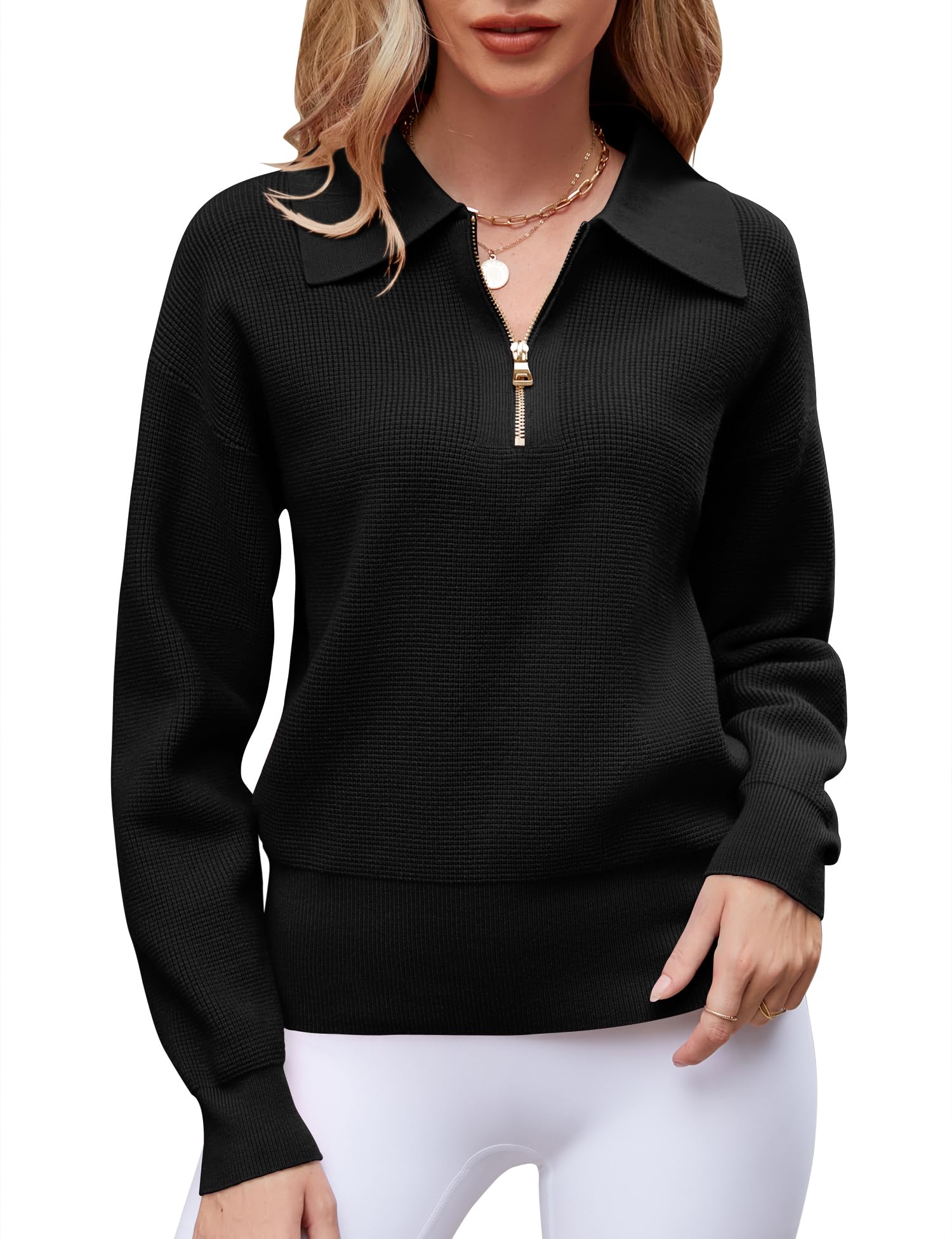 Micoson Women's Long Sleeve Half Zip Pullover Sweater - Casual V Neck Collared Waffle Knit Loose Jumper Top for Fall & Winter | Cozy Office Wear, Weekend Outfits, Layering Essential