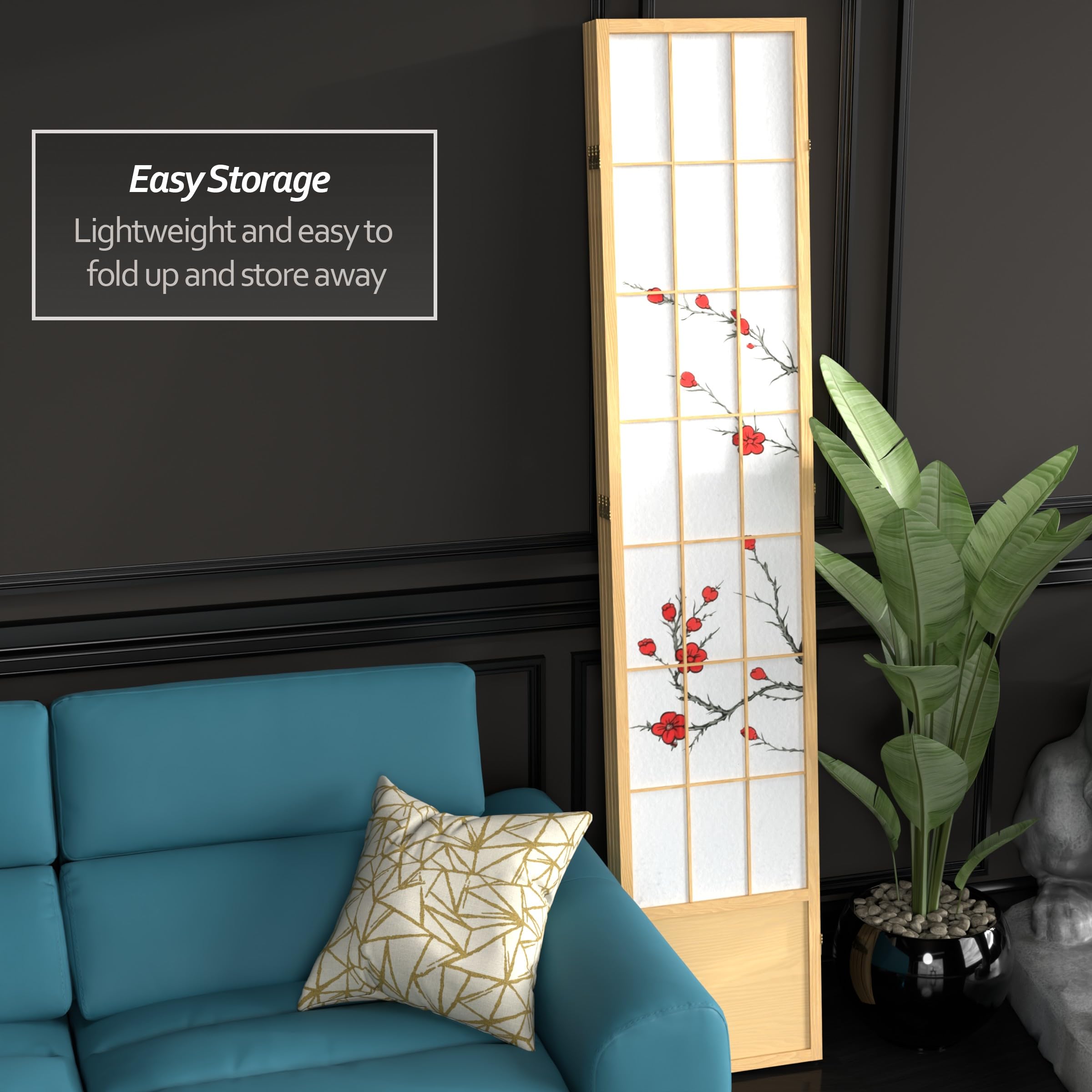 Red Lantern SS-84CBLSS 4-Panel Natural Bamboo Room Divider Screen - Perfect for Home Office, Living Room, and Bedroom Privacy