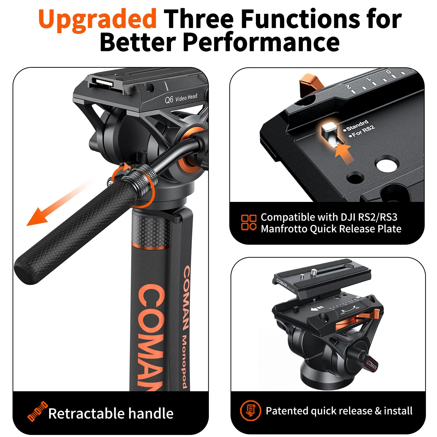 Coman Professional Q6 Video Camera Monopod with Tripod Stand - 70.6 Inch Heavy Duty Aluminum Monopod with Feet, Supports 22 lbs for DSLR Cameras (Canon, Nikon, Sony) - Perfect for Travel Vlogging, Wedding Photography & Outdoor Shooting