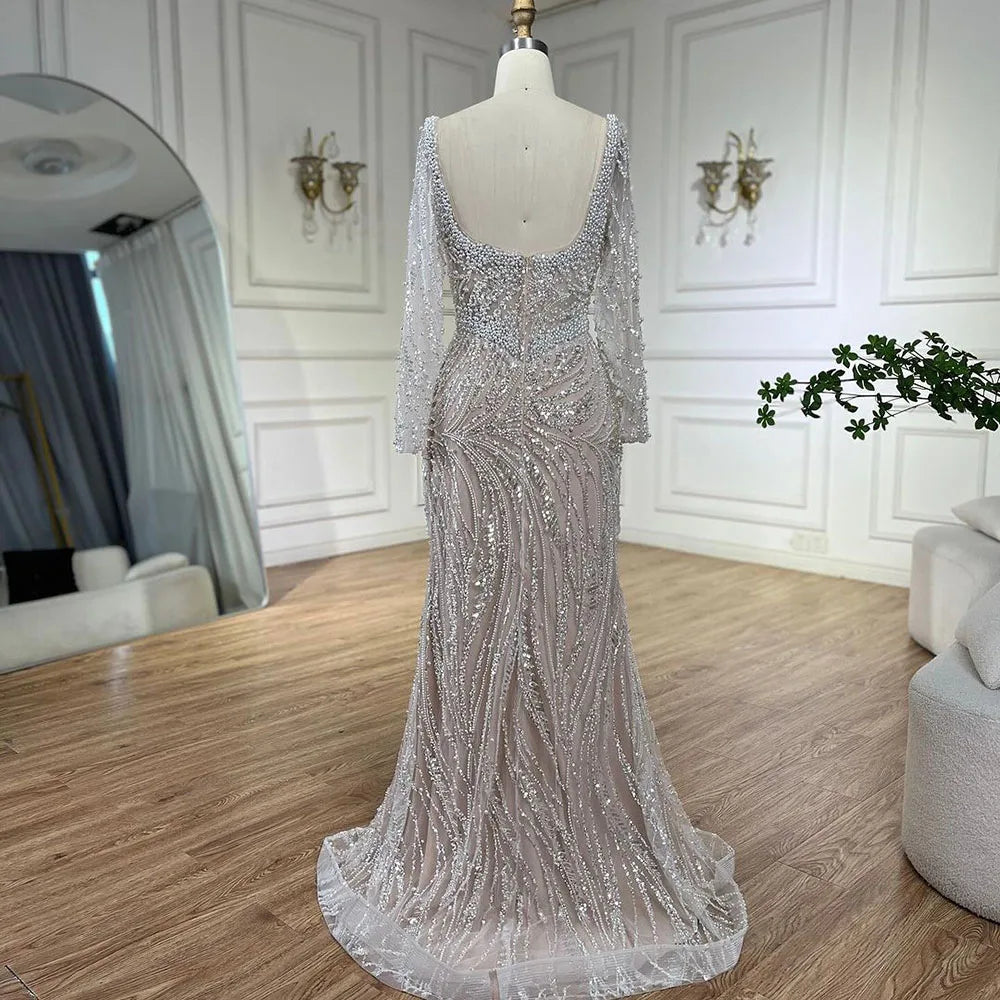 Elegant White Muslim Mermaid Evening Dress with Pearl Beading - Luxury Dubai Wedding & Party Gown for Women | Perfect for Formal Events, Bridal Showers & Special Occasions