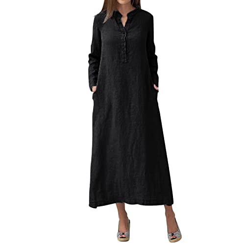 Women's Black Knee-Length Casual Dress - Solid Color Round Button Up Long Sleeve Midi Loose Dress (XL) | Perfect for Office, Date Night & Everyday Wear