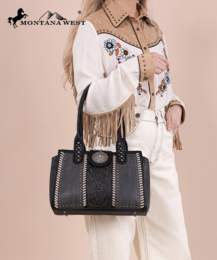 Montana West Tooled Leather Concealed Carry Tote Bag for Women - Western Style Handbag with Concho Details - Perfect for Everyday Use, Travel & Concealed Carry