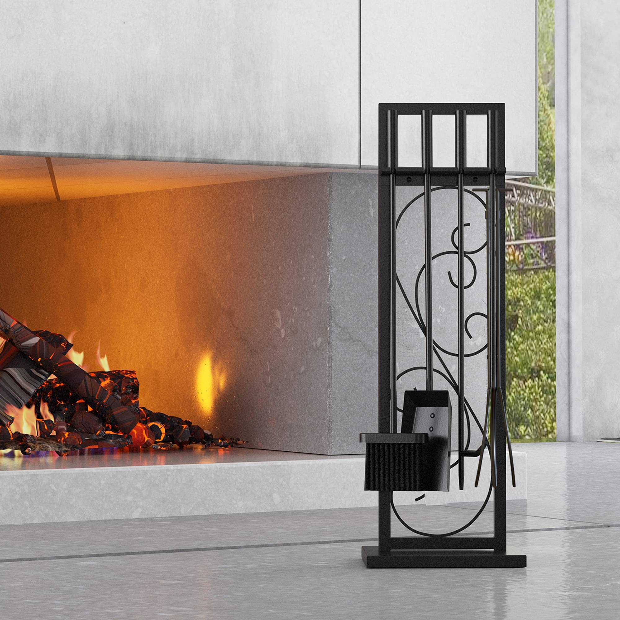 5-Piece Black Steel Fireplace Tool Set with Brush, Poker, Spatula & Pliers - Heavy Duty Fireplace Accessories for Wood Stove, Fire Pit & Hearth Maintenance