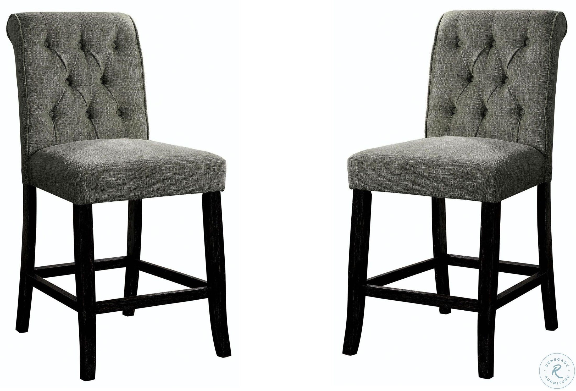 Rustic Dining Room Furniture Set of 2 Counter Height Chairs - Grey Chenille Upholstered Tufted Kitchen & Breakfast Stools for Bar Counter or Island Use