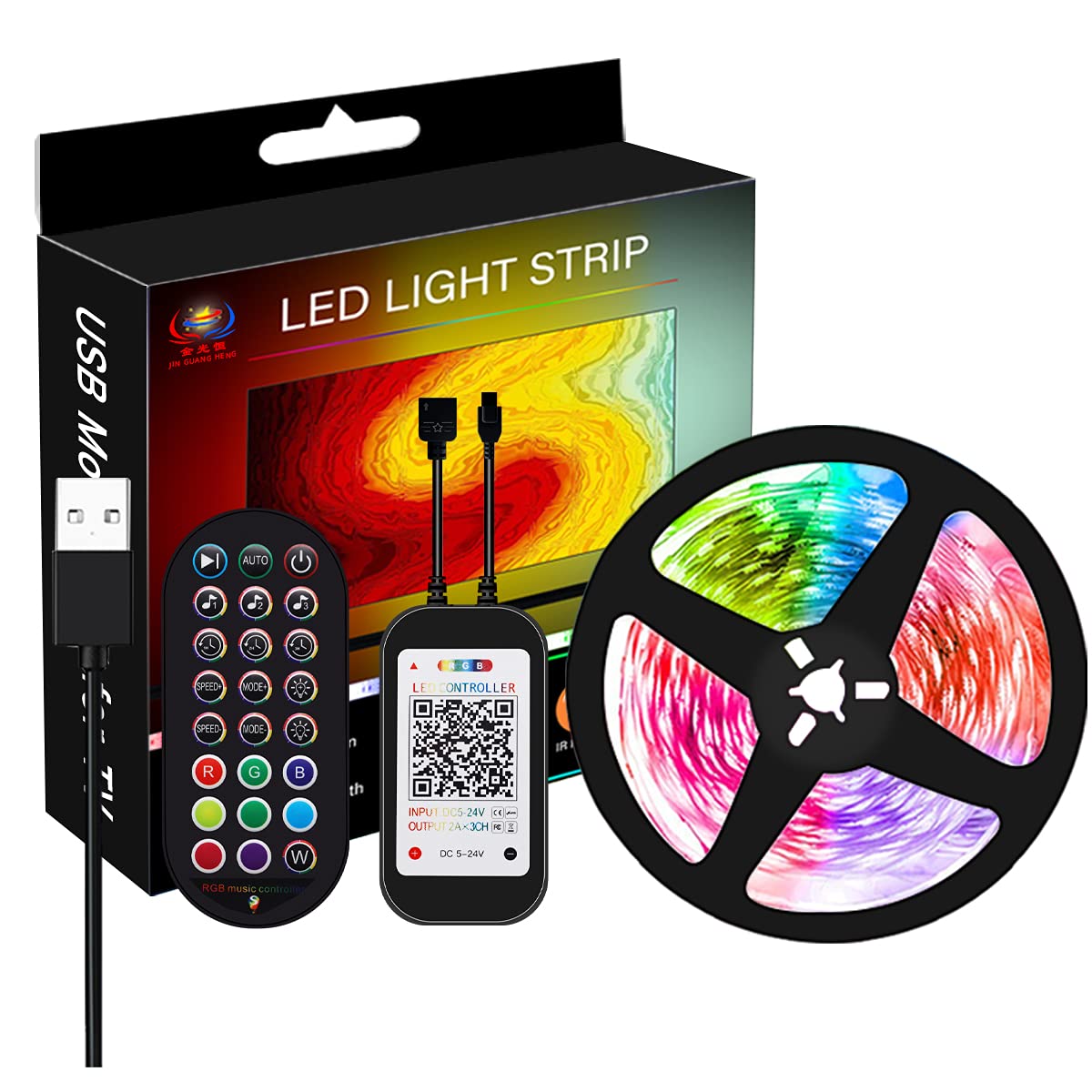 16.4ft 5V USB RGB LED Strip Lights - Smart 5050 Color Changing Lights with Music Sync, App & 44-Key Remote Control - Perfect for Home, Kitchen, TV Backlight, Party Decor, and Bedroom Ambiance