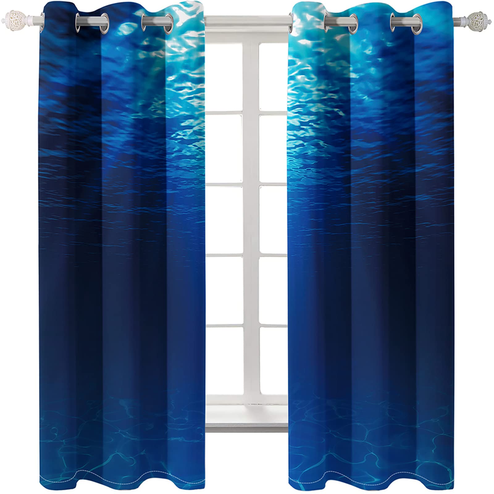 Blue Ocean Blackout Curtains - Water Ripples Printed Thermal Insulated Drapes (108