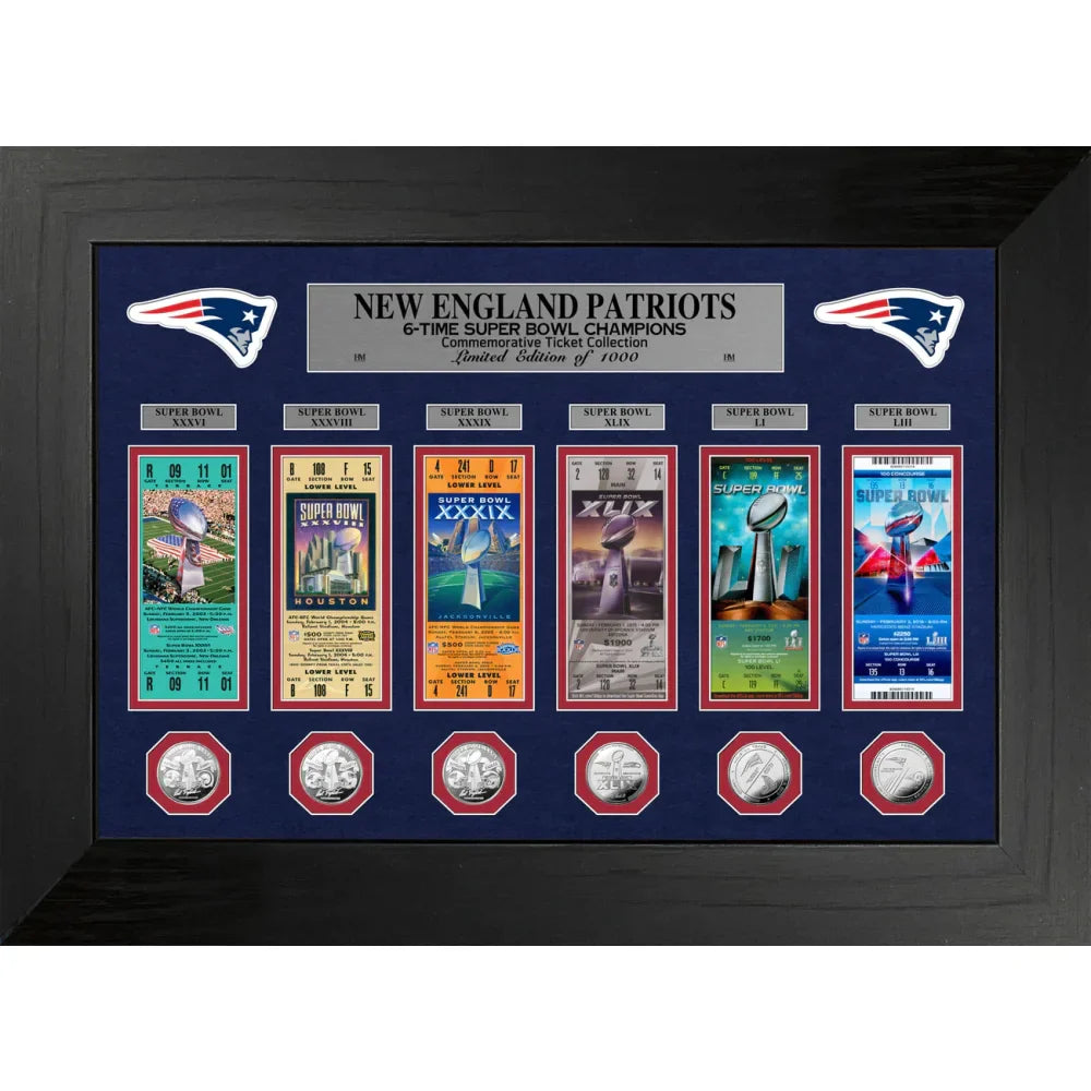 New England Patriots Super Bowl Memorabilia - Framed Ticket & Coin Collection Display for Football Fans - Perfect for Man Cave, Sports Bar, or Patriots Fan Gift