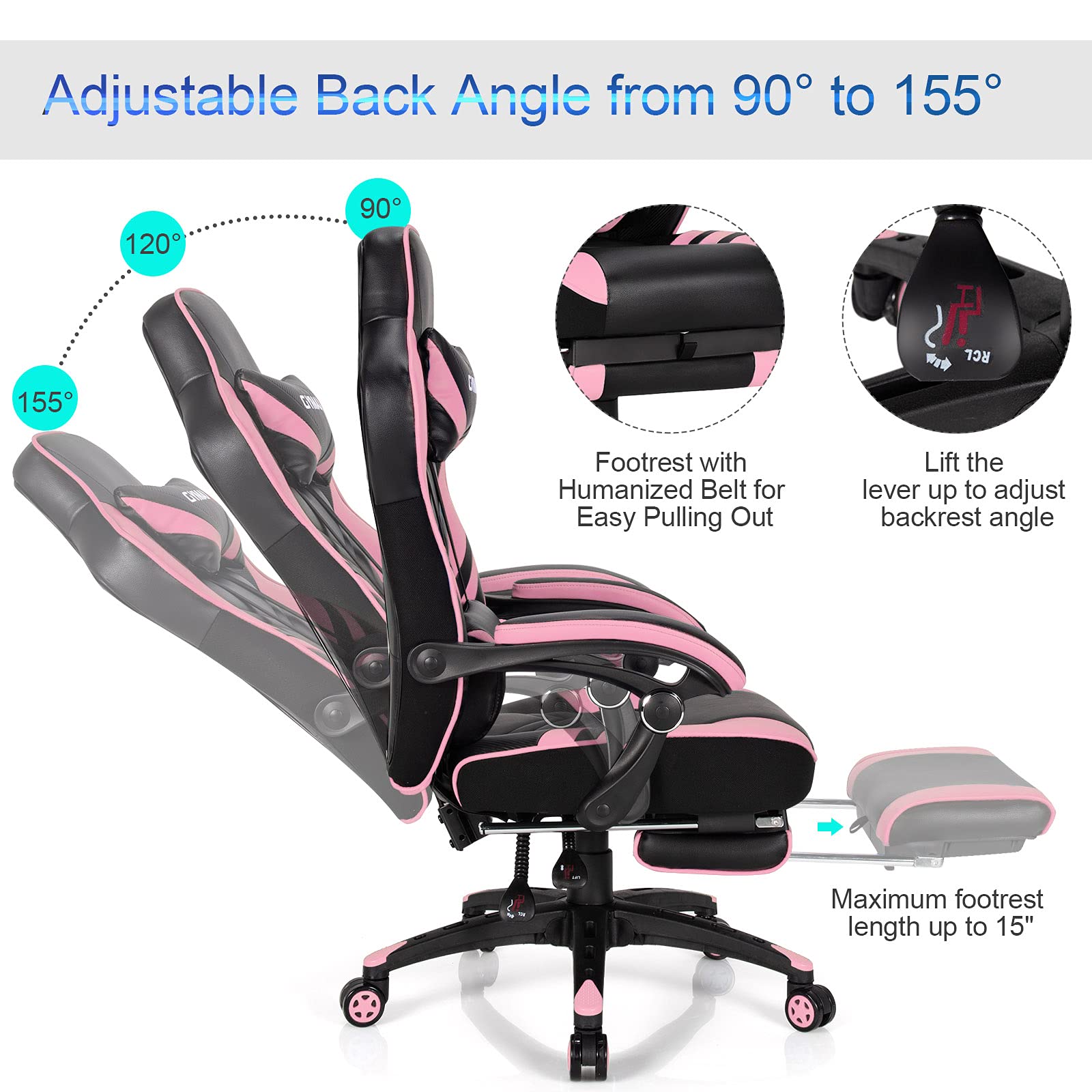 Ergonomic Pink Gaming Chair for Adults & Teens - High Back Reclining Computer Desk Chair with Lumbar Support, Retractable Footrest & Headrest - Perfect for Gaming, Office Work & Home Study