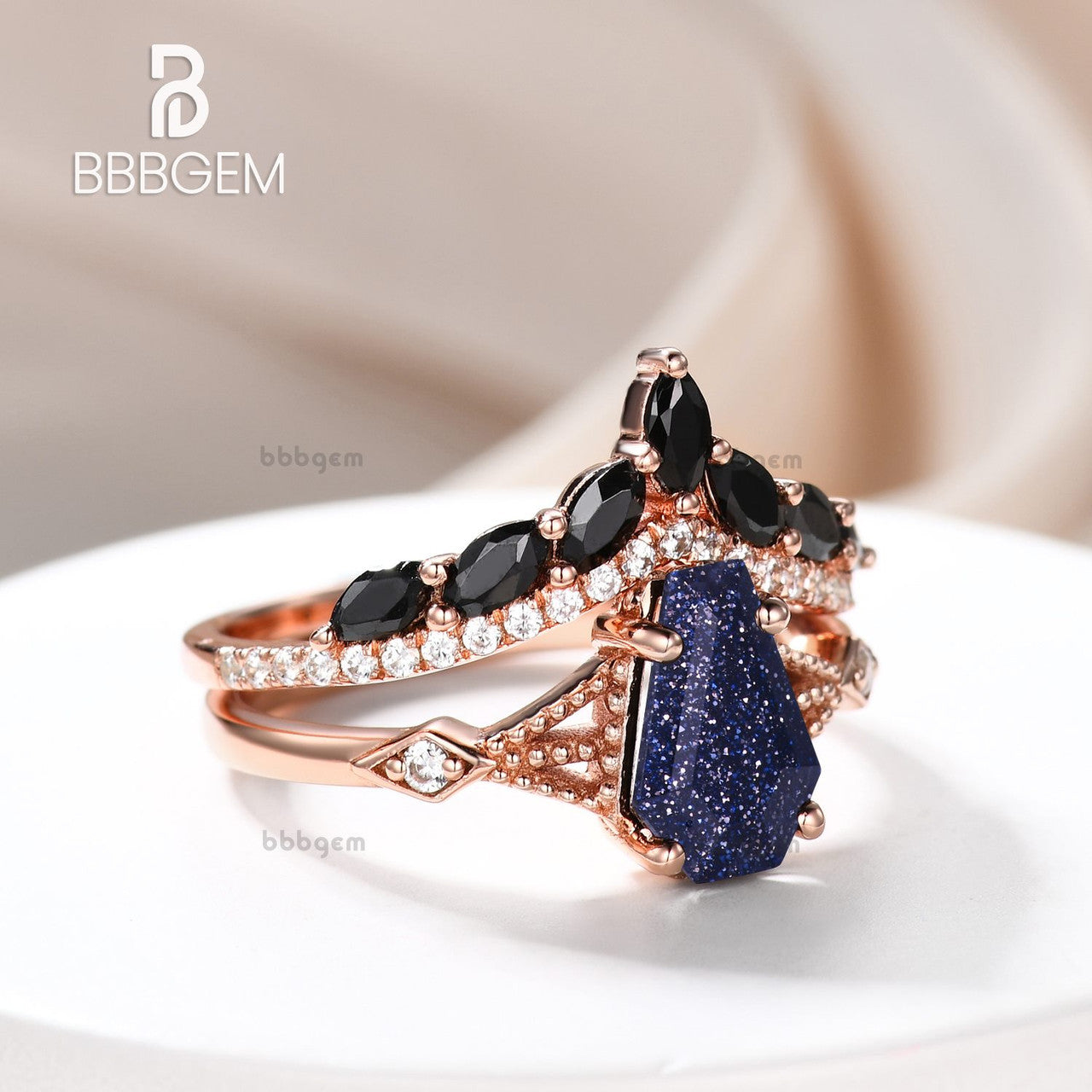 Gothic Skull Coffin Ring Set - Blue Goldstone Engagement Ring & Black Spinel Wedding Band for Alternative Couples, Dark Romance Jewelry Gift for Halloween, Vampire Themed Weddings