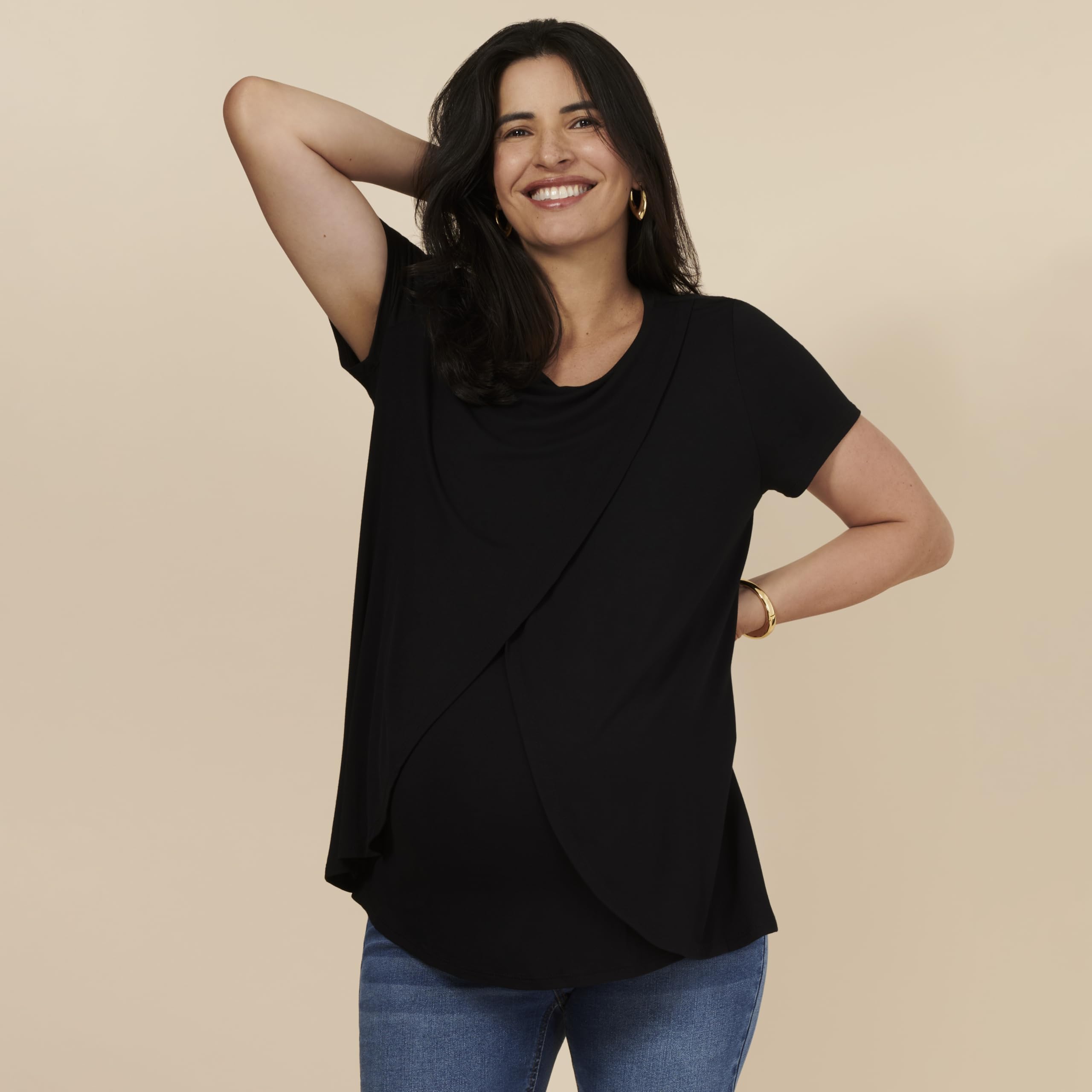 Motherhood Maternity Women's Nursing Tee - Soft Short Sleeve Scoop Neck Maternity Shirt with Layered Tulip Design | Perfect for Breastfeeding, Pregnancy & Everyday Comfort