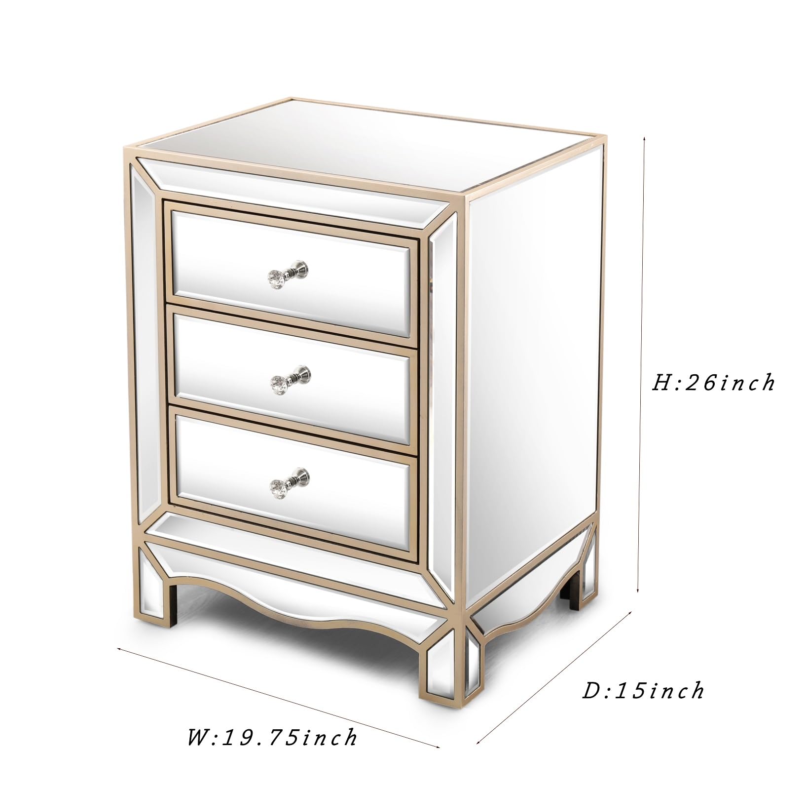 Elegant Gold Trim Mirrored Nightstand with 3 Drawers & Crystal Knobs - Silver End Table for Bedroom, Living Room, Office | Perfect Bedside Table with Mirror Accent for Home Decor & Storage