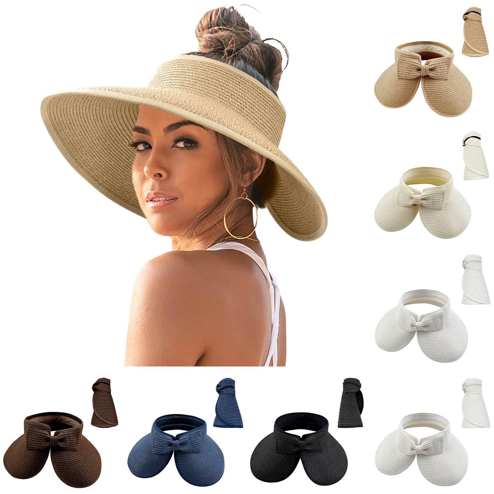 Women's Wide Brim Straw Sun Visor Hat - Roll-Up Ponytail Design, Packable & Foldable for Summer Beach, Travel & Outdoor Activities | UV Protection Sun Hat for Hiking, Gardening, Vacations