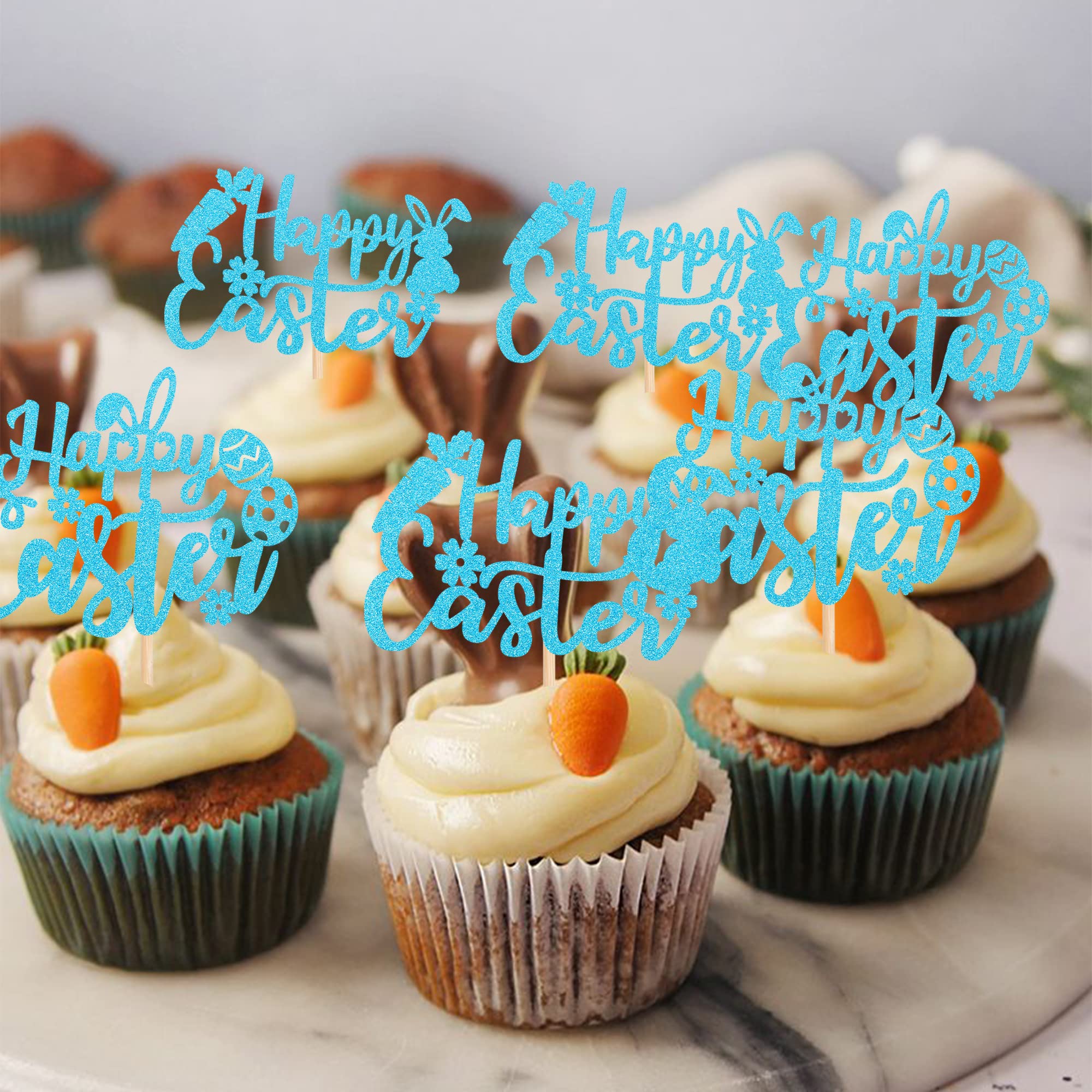 24-Piece Glitter Easter Cupcake Toppers Set - Bunny Rabbit, Carrot & Egg Decorations for Easter Parties, Baby Showers & Kids Birthday Cakes - Blue (Perfect for Easter Dessert Decor, Holiday Baking & Spring Celebration Treats)