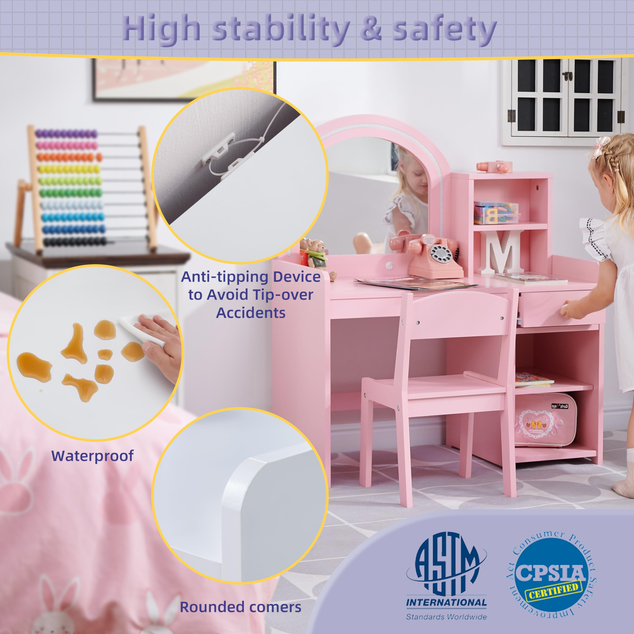 Pink Princess Vanity Set with Mirror & Stool for Girls - Kids Makeup & Dress Up Play