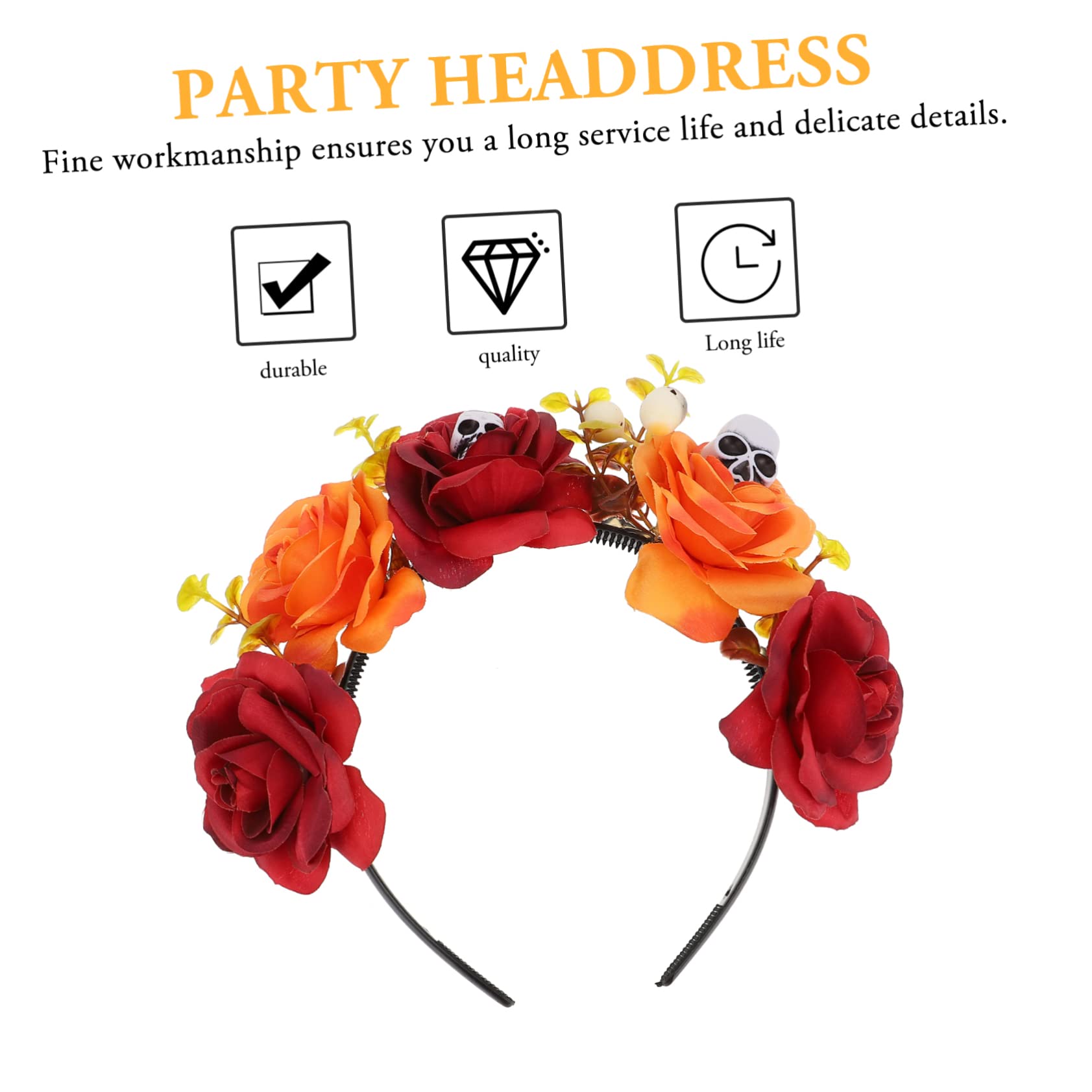 Beatifufu Halloween Skeleton Headband - Day of The Dead Floral Skull Headdress for Women & Kids, Vampire Rose Crown Hairband for Costume Parties & Spooky Events