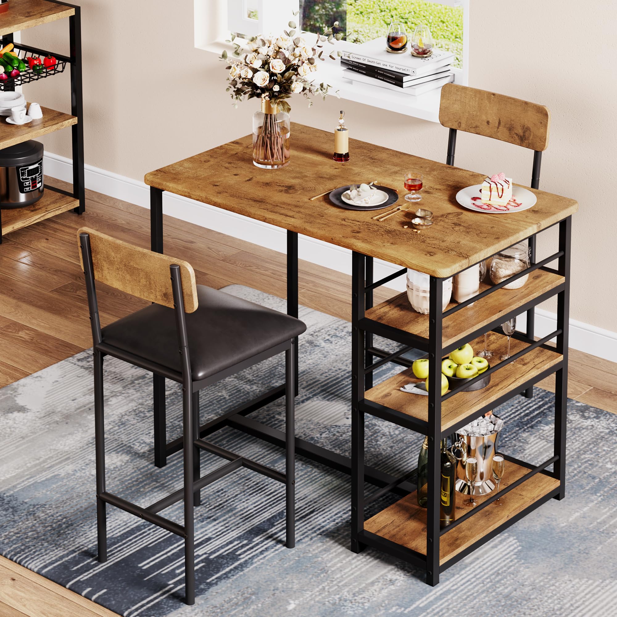 **IDEALHOUSE 2-Piece Kitchen Table Set with Storage Shelf & Upholstered Chairs - Rustic Brown Dining Table for Small Spaces, Apartments - Perfect for Breakfast Nooks, Studio Dining, and Cozy Meals**